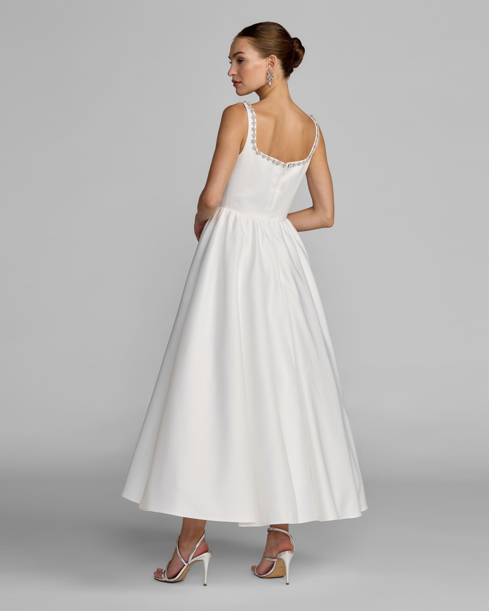 White Embellished Square Neck A-Line Midi Dress Ieena for Mac Duggal
