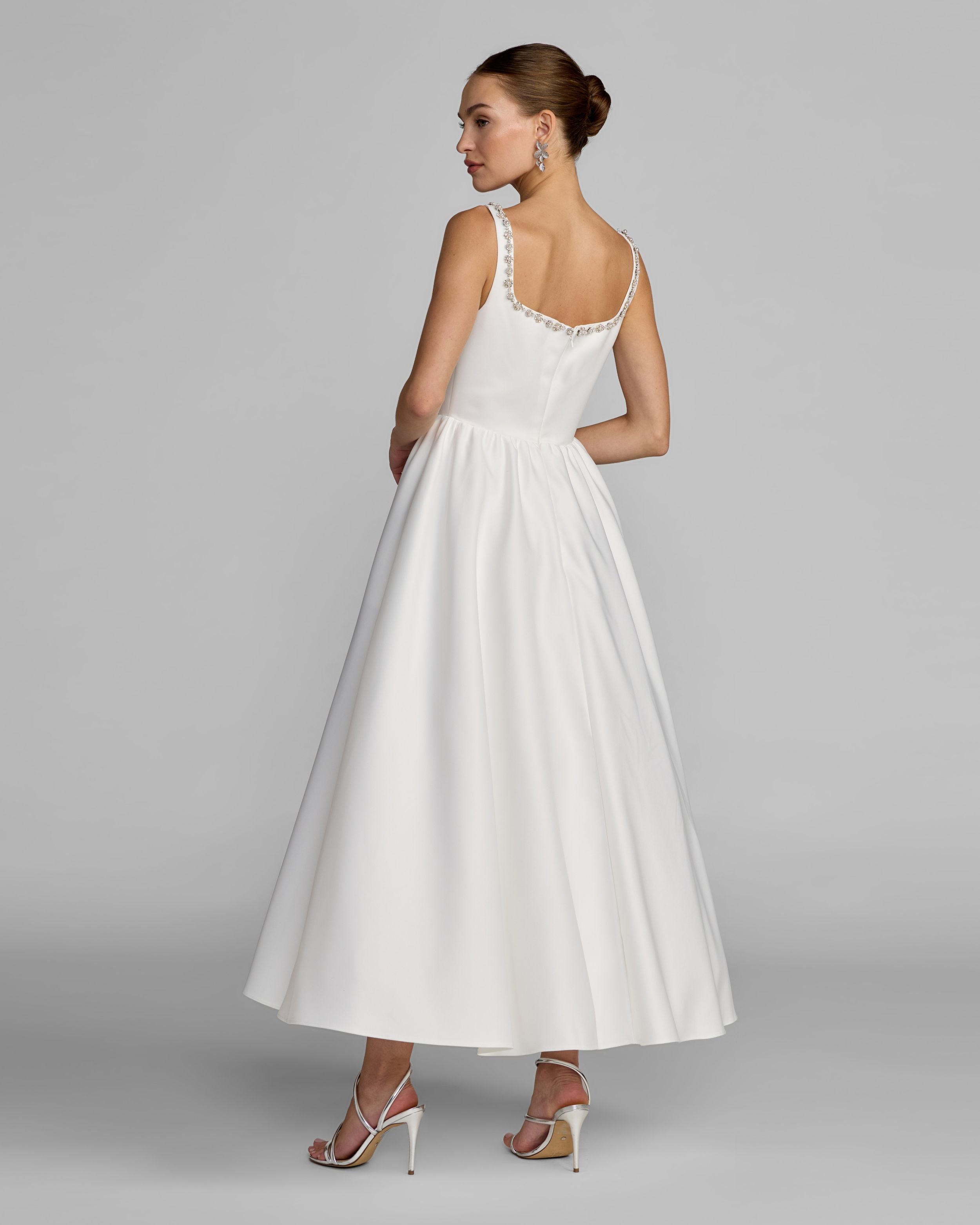 White Embellished Square Neck A-Line Midi Dress Ieena for Mac Duggal
