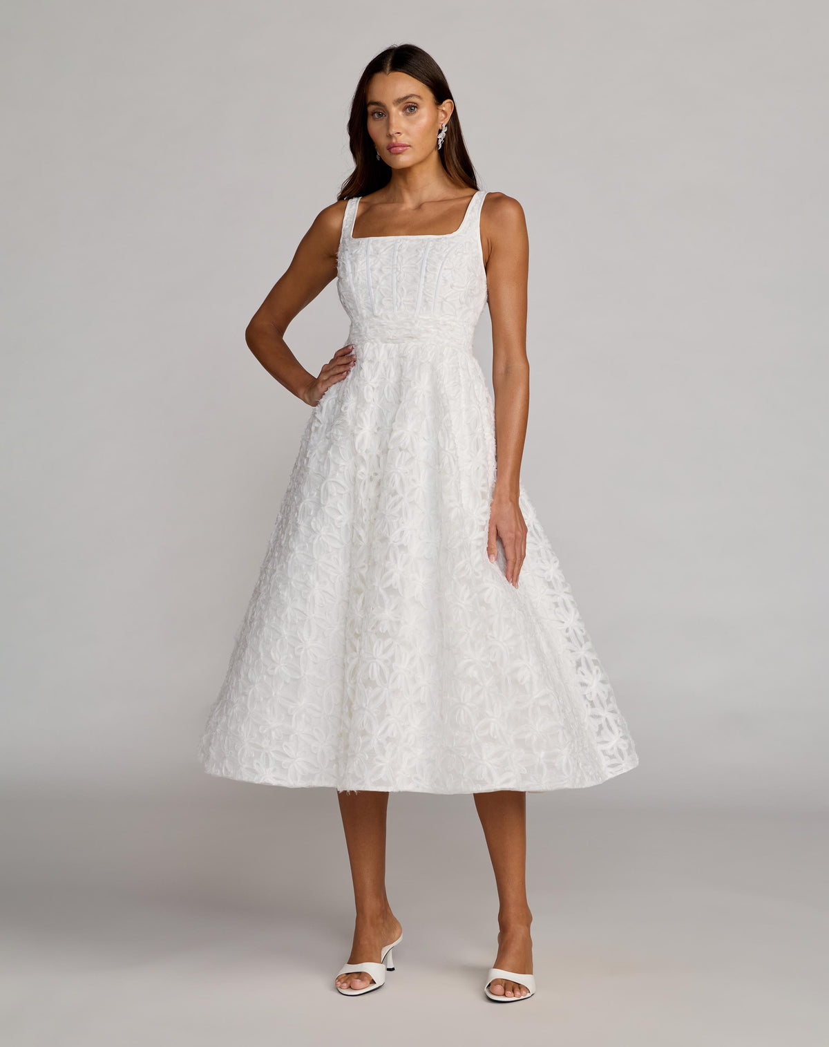 White Tulle Floral Midi Dress With Pockets - Mac Duggal