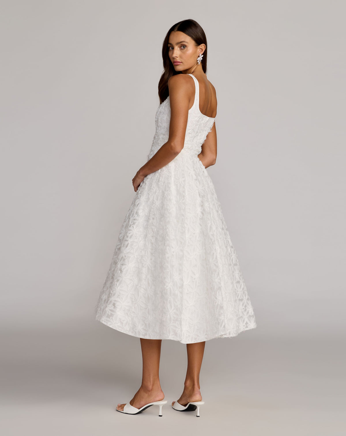 White Tulle Floral Midi Dress With Pockets - Mac Duggal
