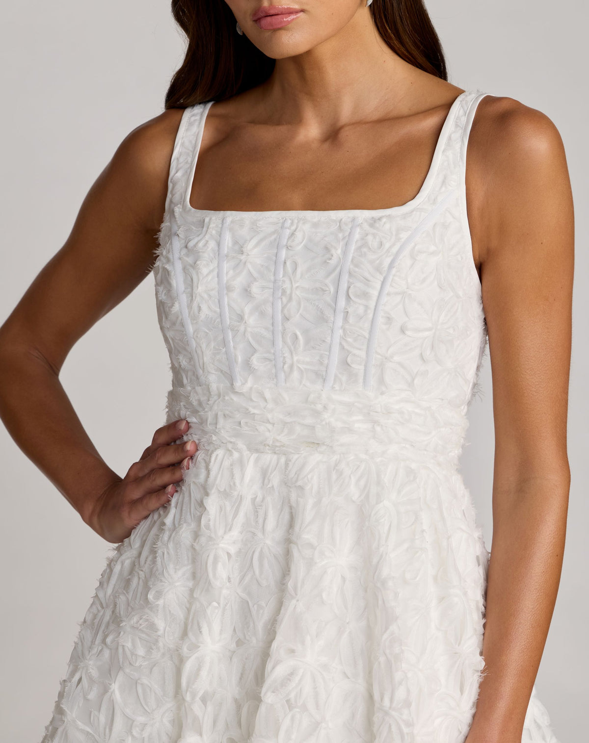 White Tulle Floral Midi Dress With Pockets - Mac Duggal