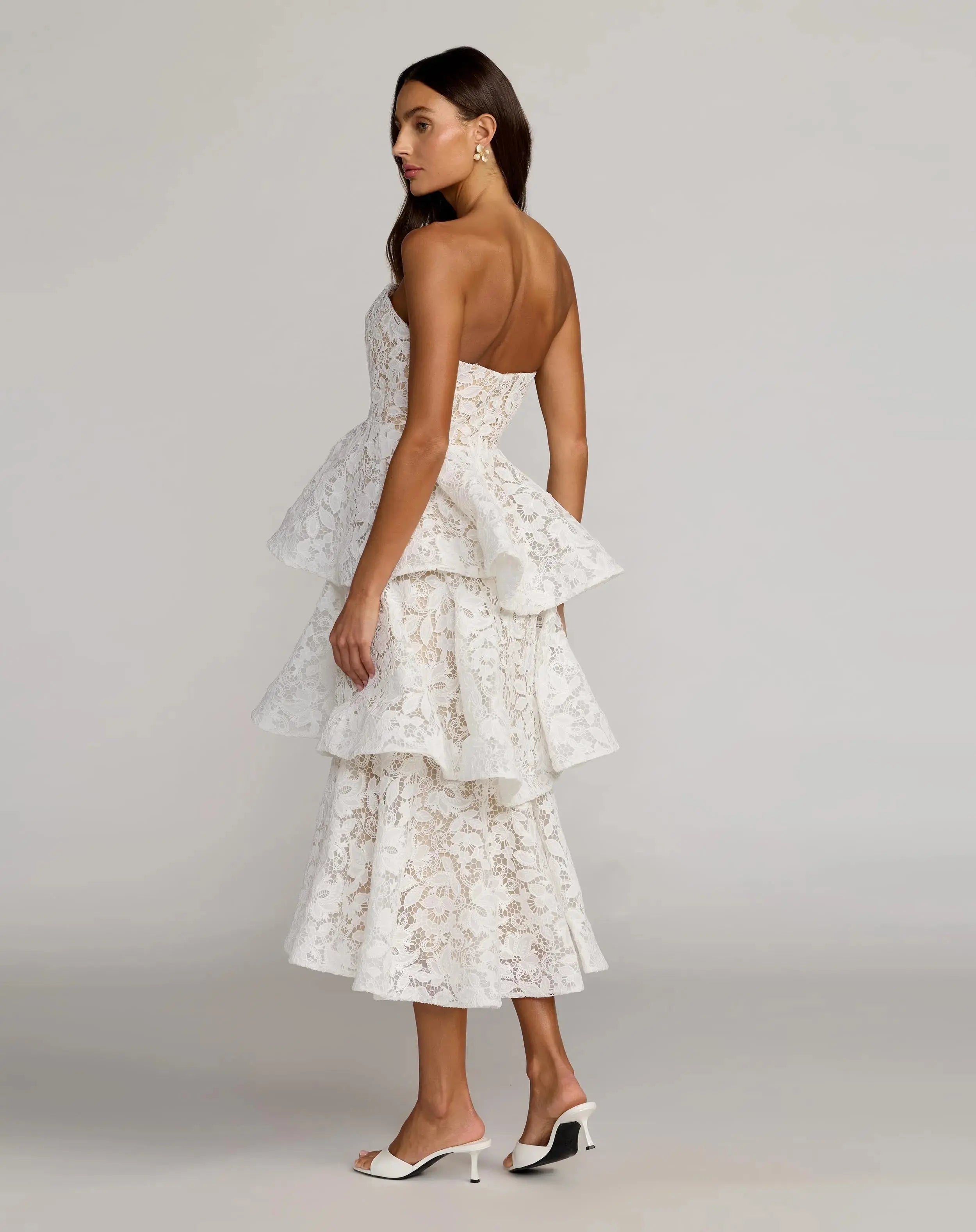 White and Beige Strapless Lace Tiered Ruffle Midi Dress - Mac Duggal