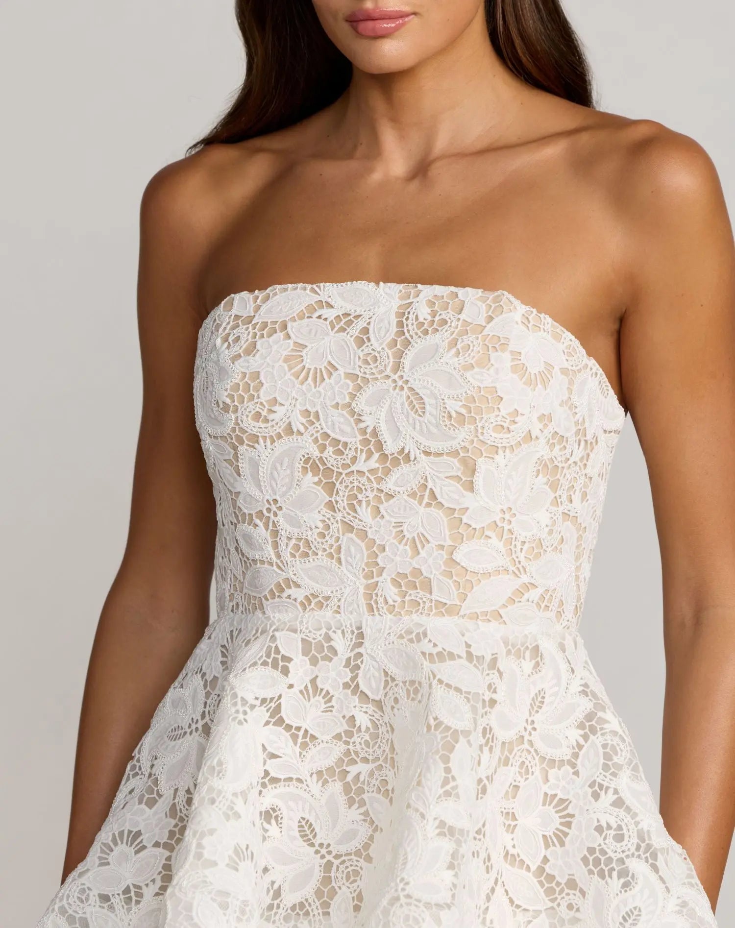 White and Beige Strapless Lace Tiered Ruffle Midi Dress
