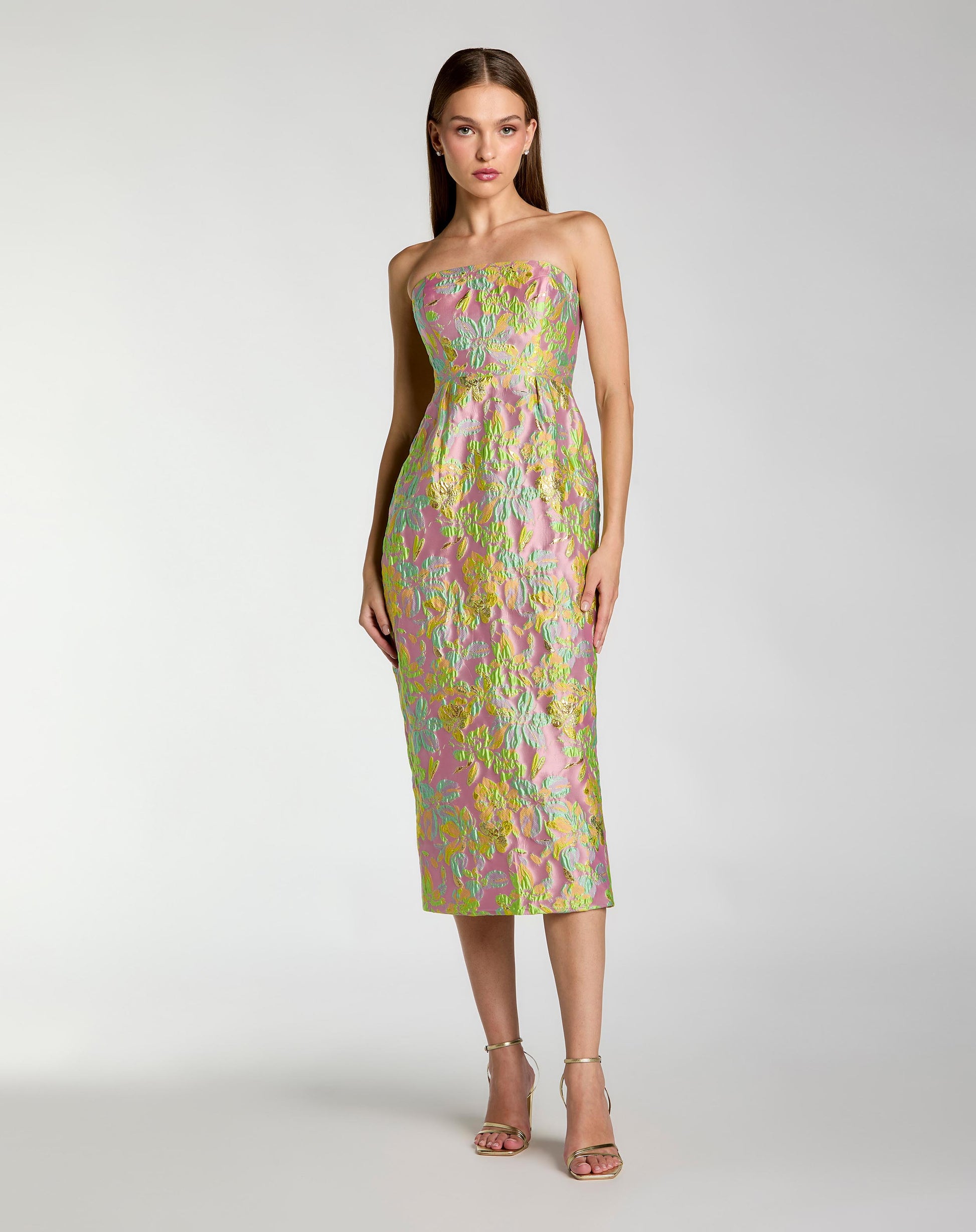 Multicolor Strapless Floral Brocade Midi Dress - Mac Duggal