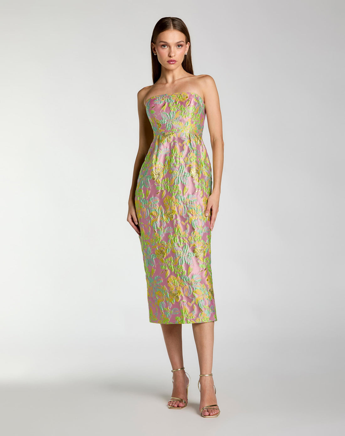 Multicolor Strapless Floral Brocade Midi Dress - Mac Duggal