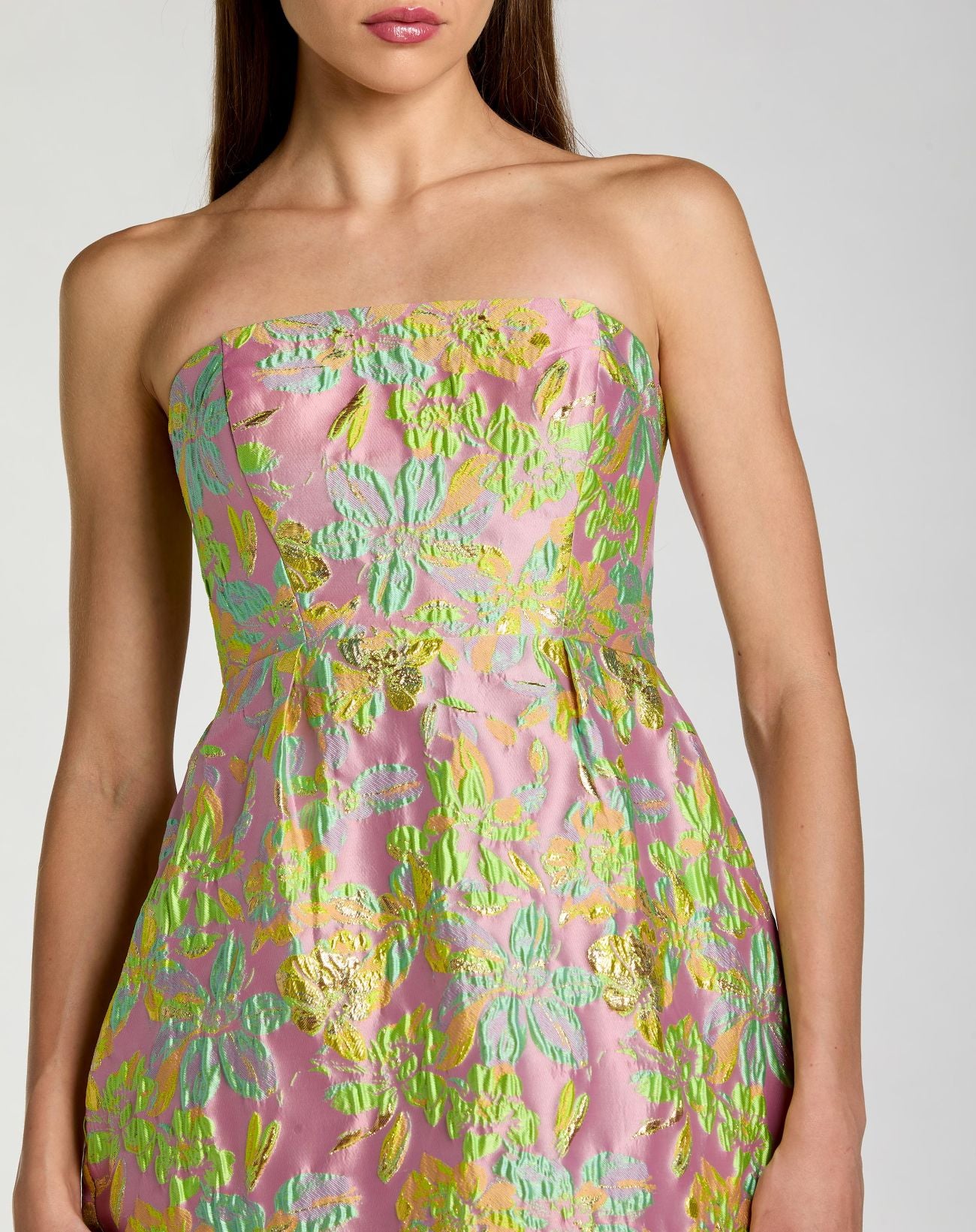 Multicolor Strapless Floral Brocade Midi Dress - Mac Duggal