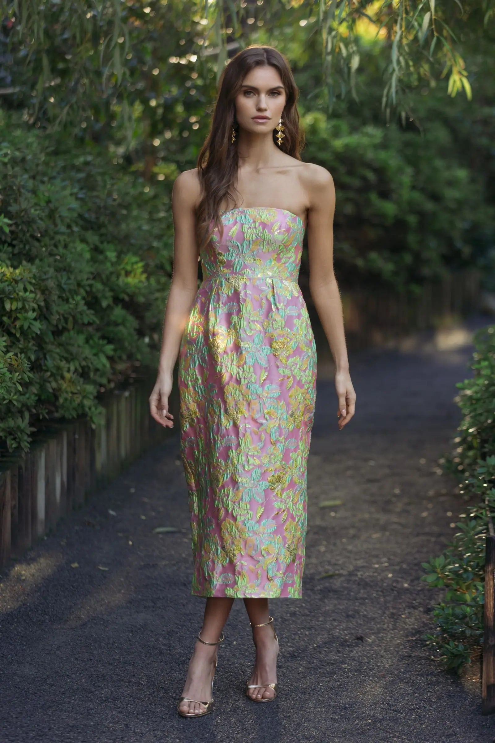 Multicolor Strapless Floral Brocade Midi Dress - Mac Duggal