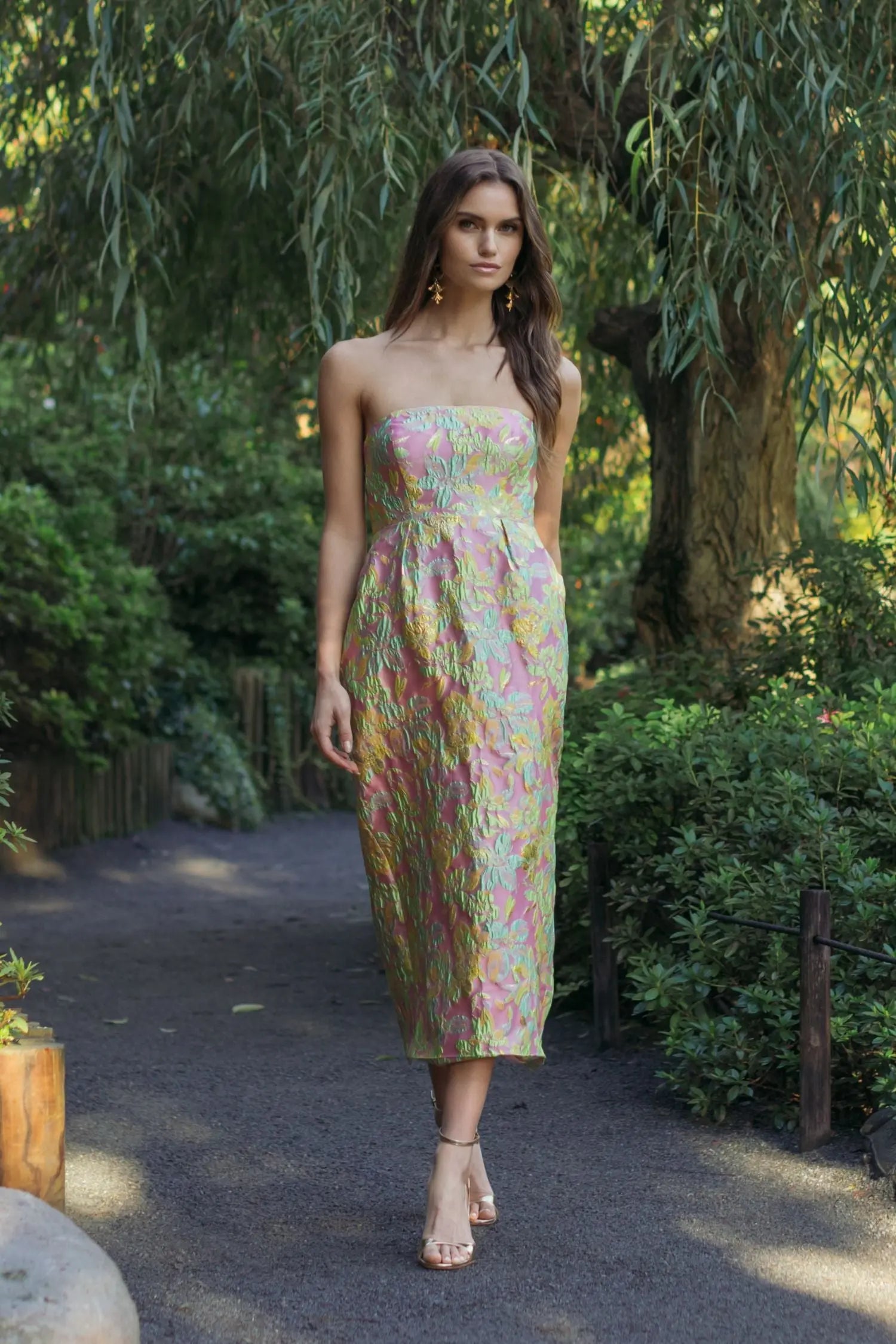 Multicolor Strapless Floral Brocade Midi Dress | Mac Duggal Multicolor Strapless Floral Brocade Midi Dress | Mac Duggal