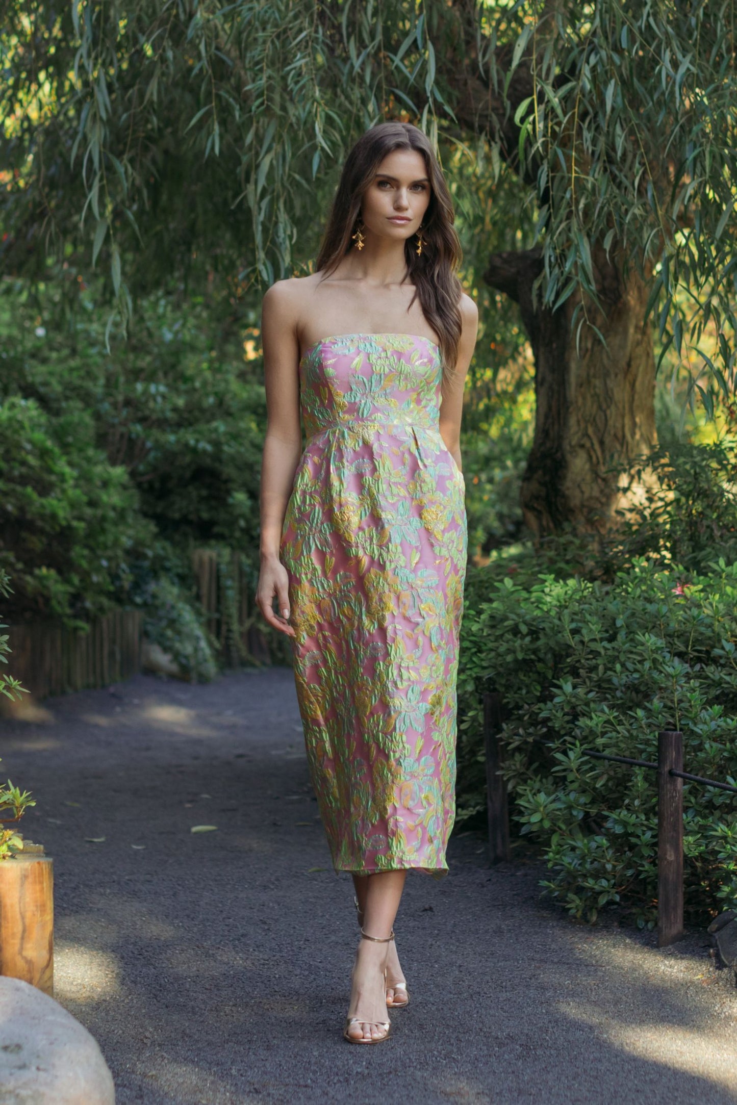 Multicolor Strapless Floral Brocade Midi Dress - Mac Duggal