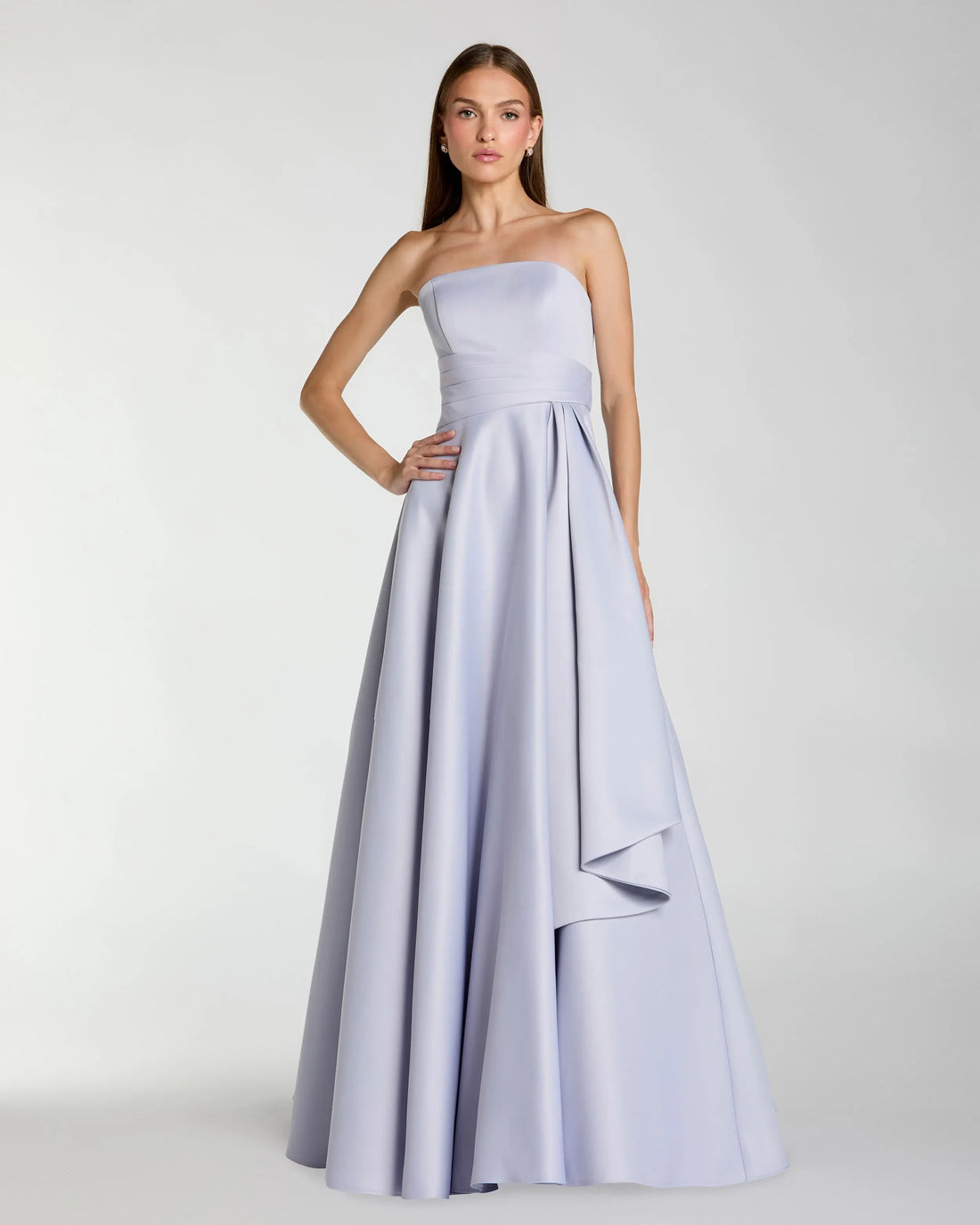 Purple Strapless Satin Ball Gown With Draped Detail | Mac Duggal Purple Strapless Satin Ball Gown With Draped Detail | Mac Duggal