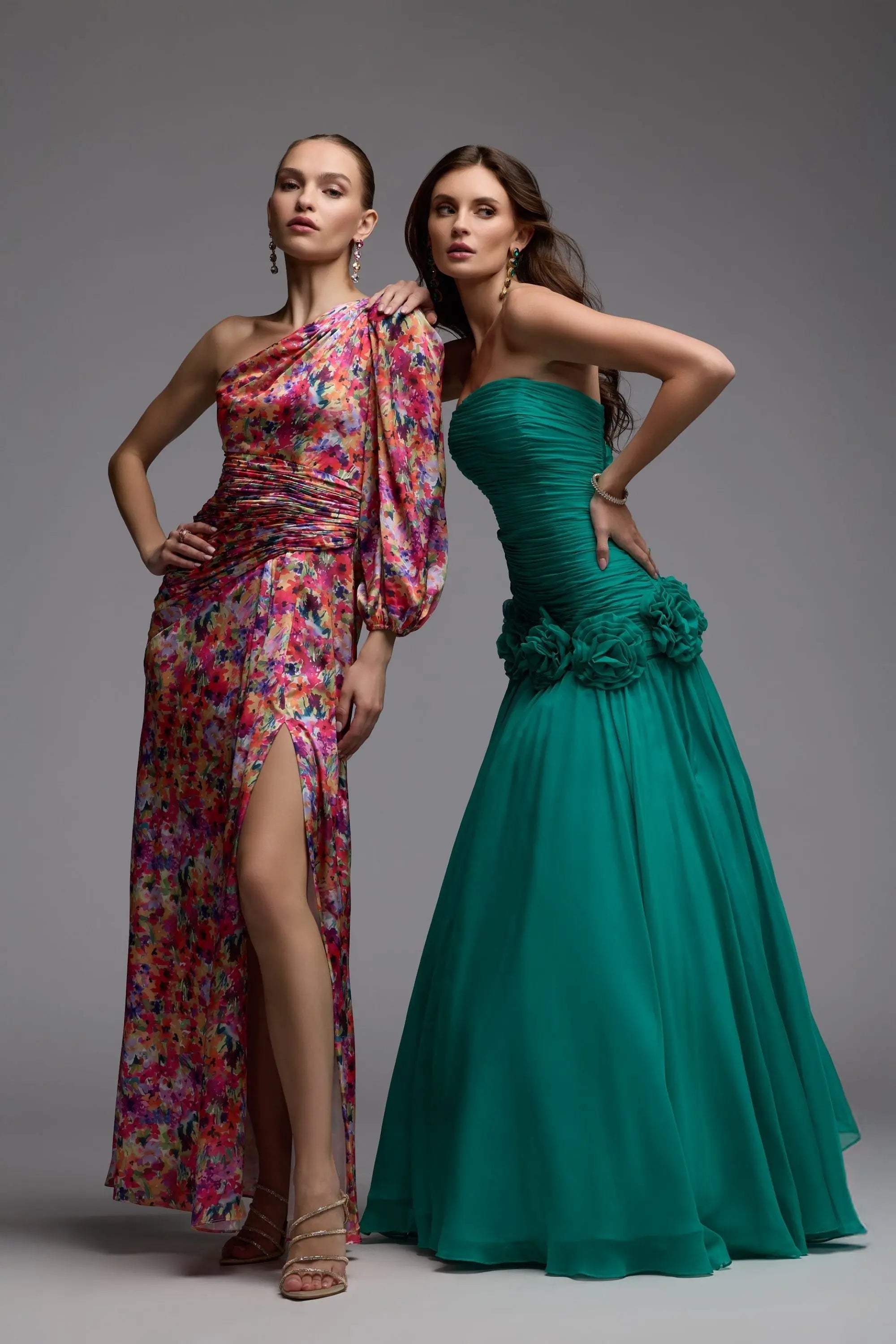 Multicolor One Sleeve Floral Print Charmeuse Gown With Slit Ieena for Mac Duggal