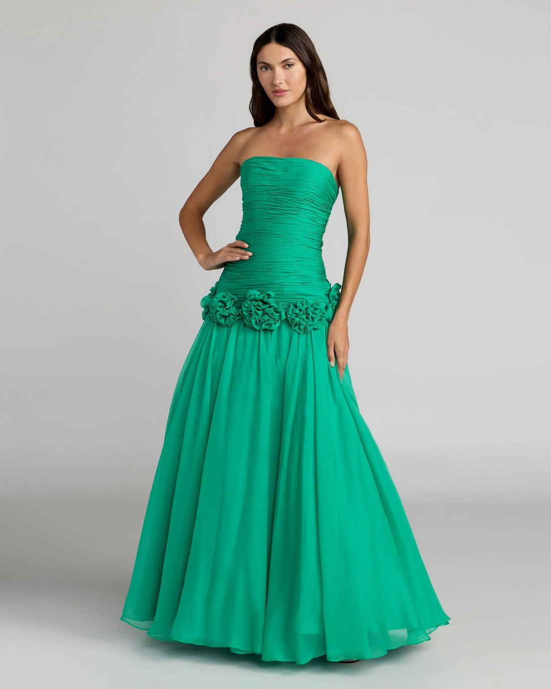 Green Strapless Chiffon Ball Gown with 3D Flowers Ieena for Mac Duggal