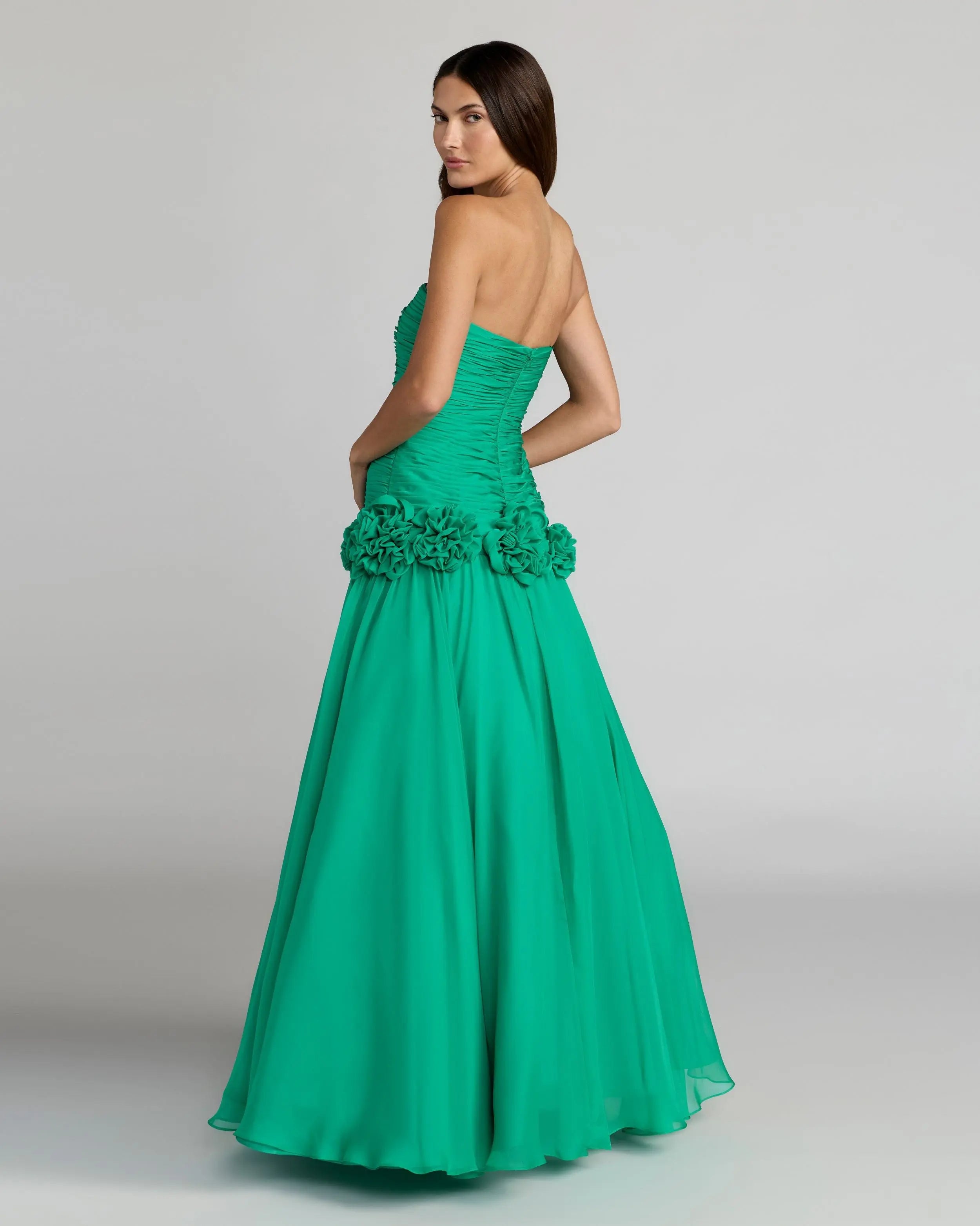 Green Strapless Chiffon Ball Gown With 3D Flowers | Mac Duggal