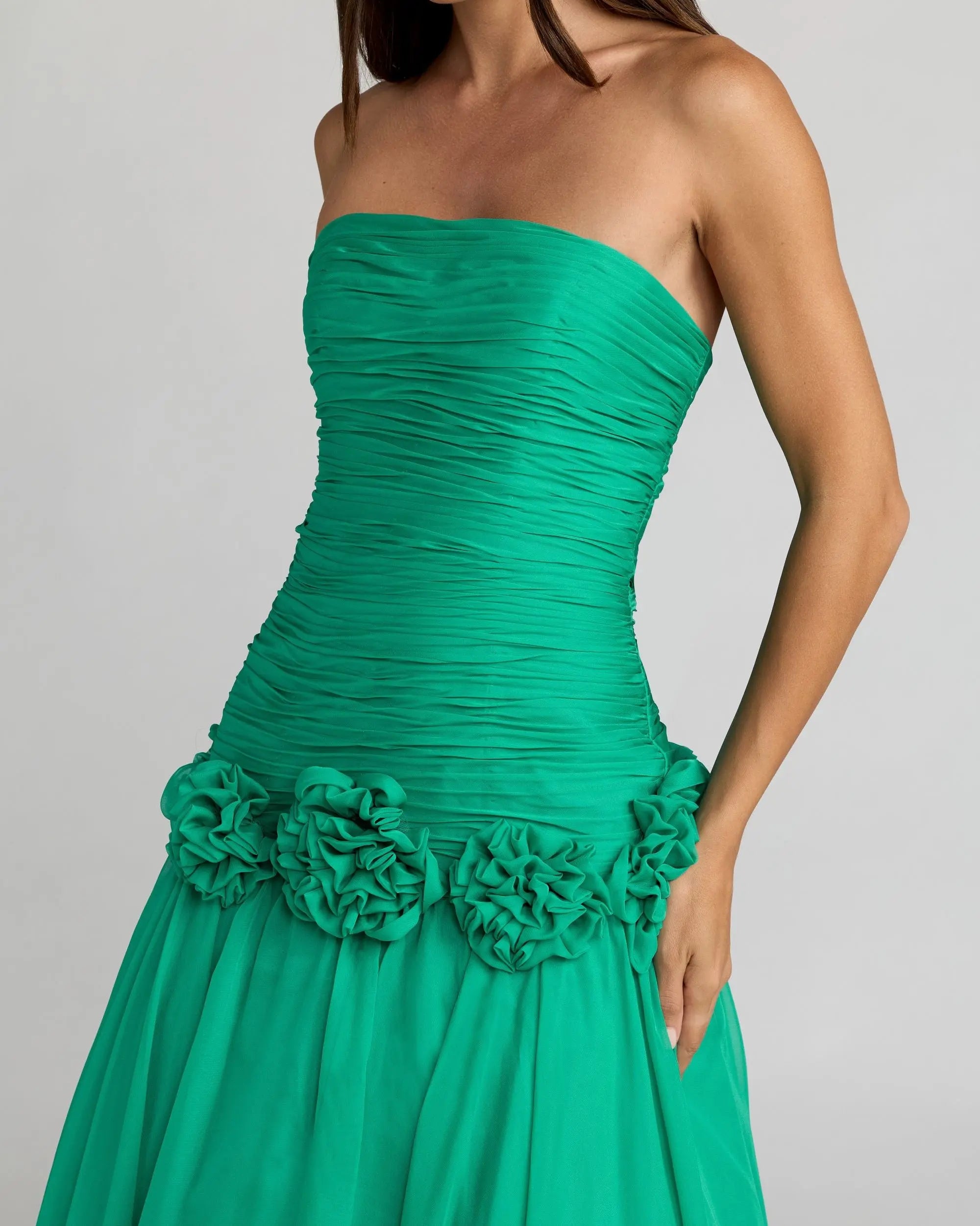 Green Strapless Chiffon Ball Gown with 3D Flowers Ieena for Mac Duggal