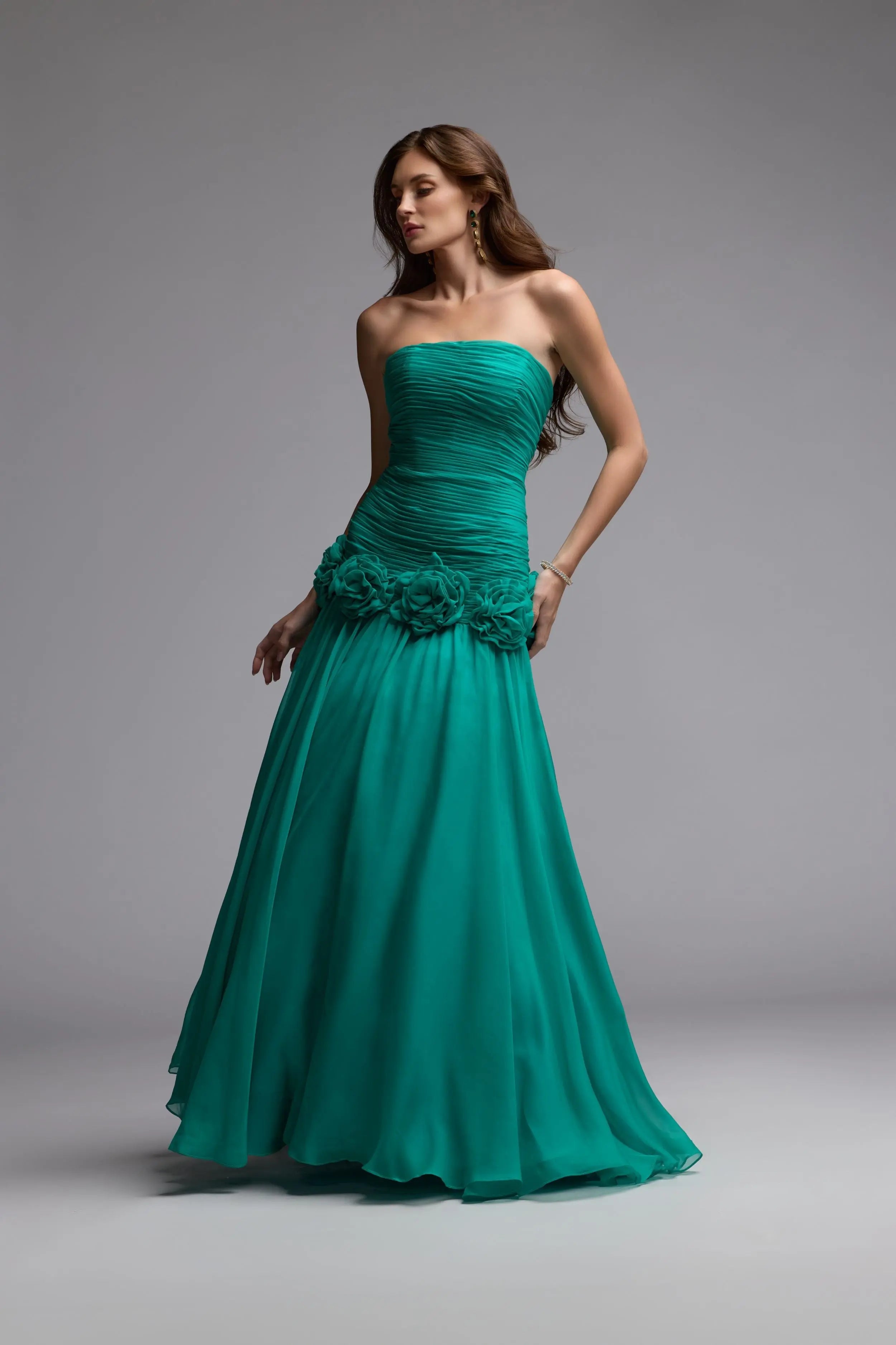Green Strapless Chiffon Ball Gown With 3D Flowers | Mac Duggal