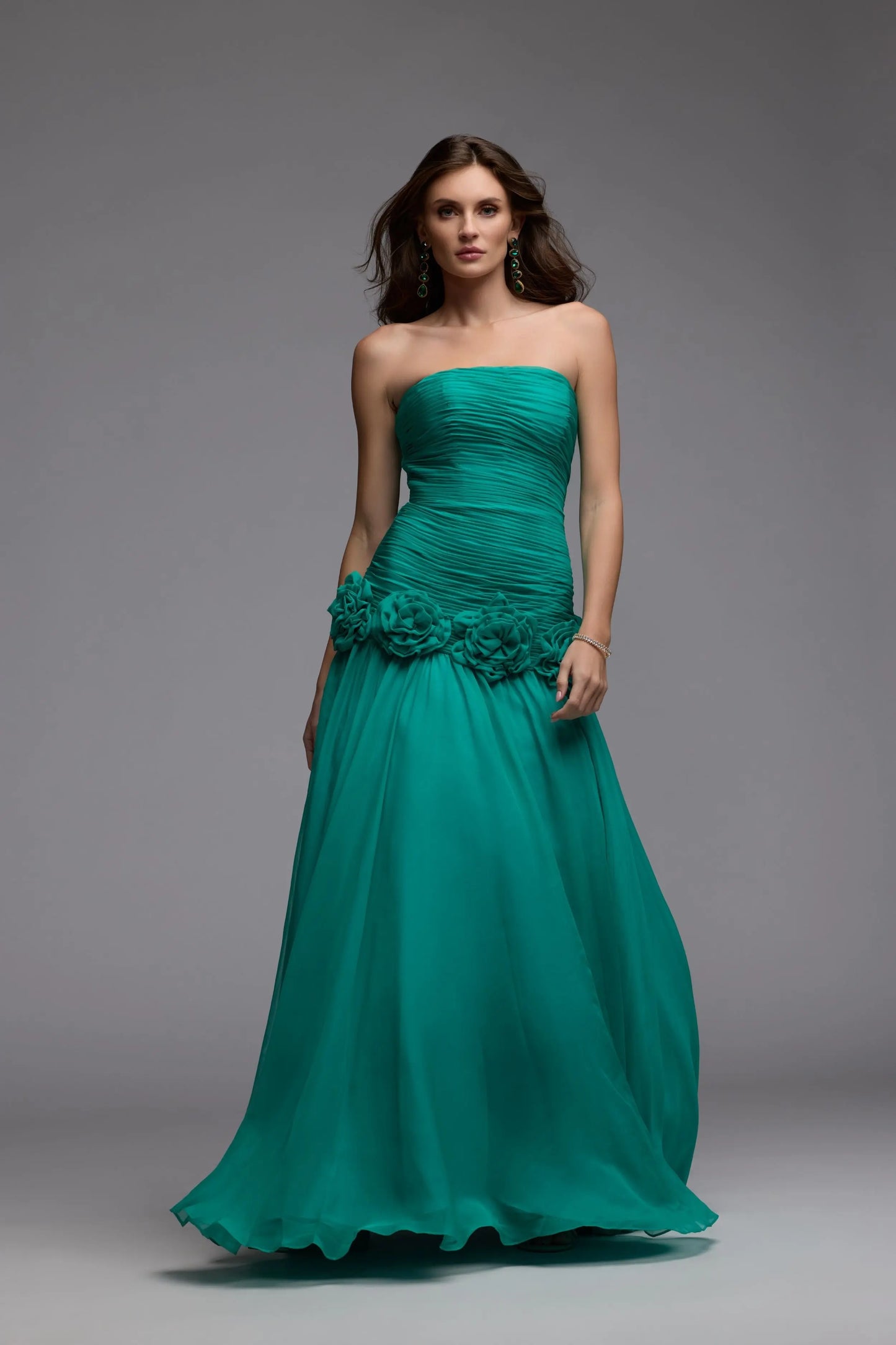 Green Strapless Chiffon Ball Gown with 3D Flowers Ieena for Mac Duggal