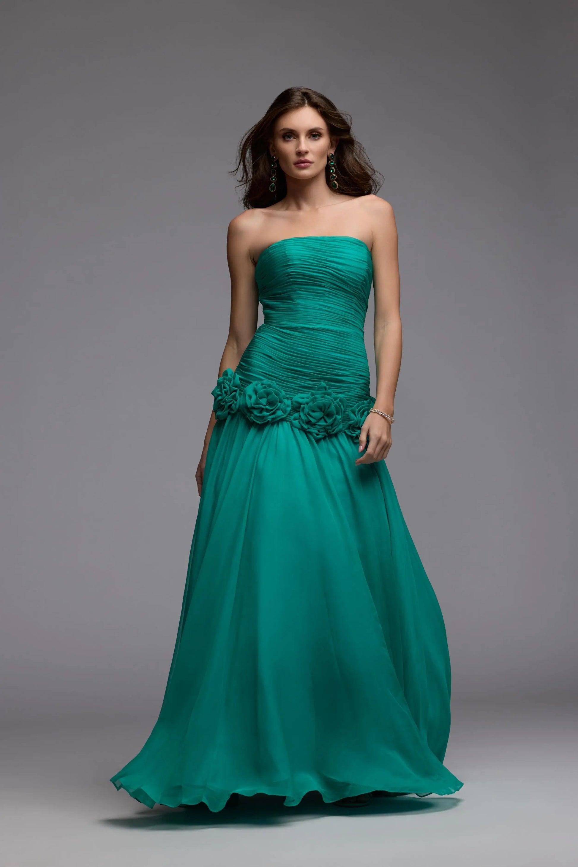 Green Strapless Chiffon Ball Gown with 3D Flowers Ieena for Mac Duggal