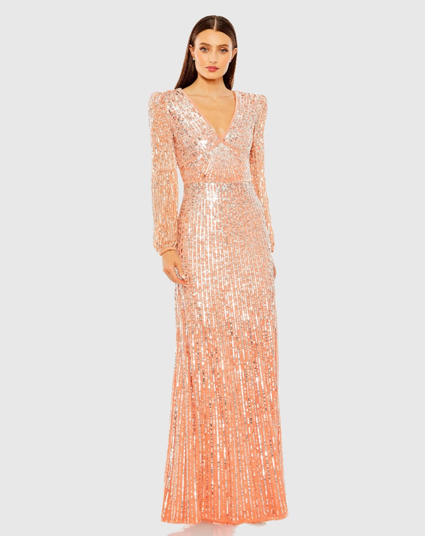V Neck Empire Waist Puff Shoulder Sequin Embellished Gown - Mac Duggal