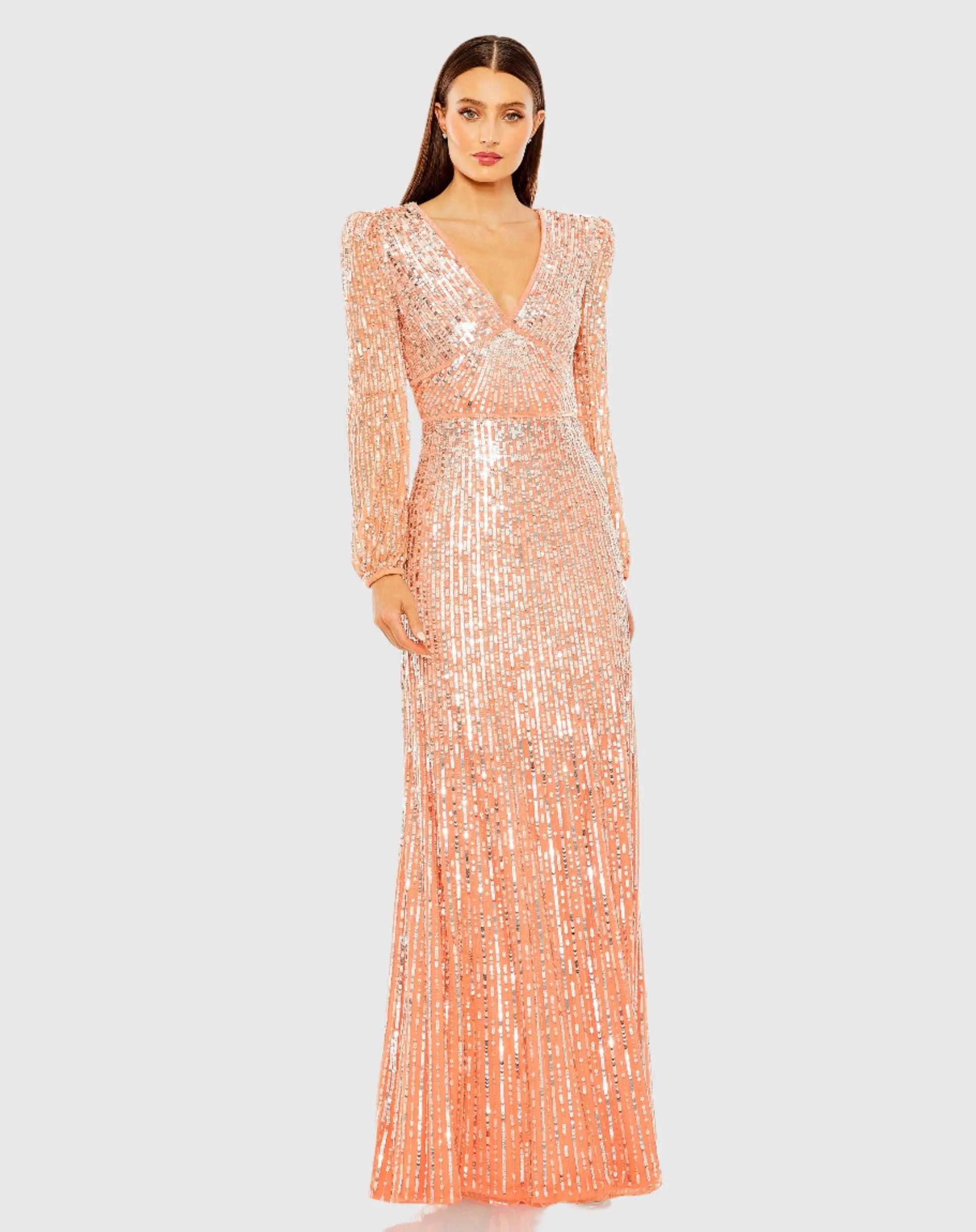 V Neck Empire Waist Puff Shoulder Sequin Embellished Gown - Mac Duggal