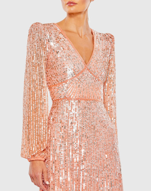 V Neck Empire Waist Puff Shoulder Sequin Embellished Gown