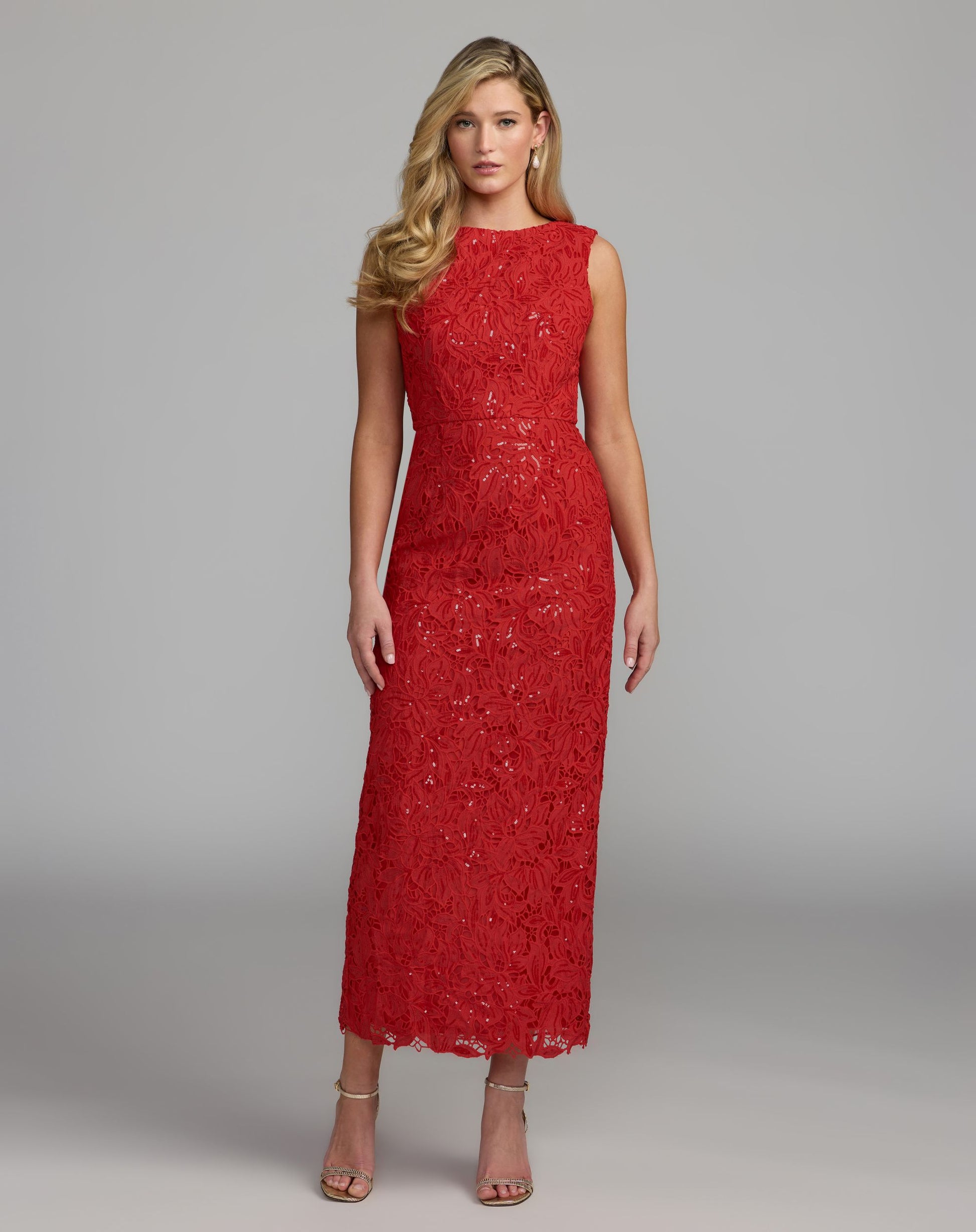 Red Sleeveless Embroidered Lace Midi Dress - Mac Duggal