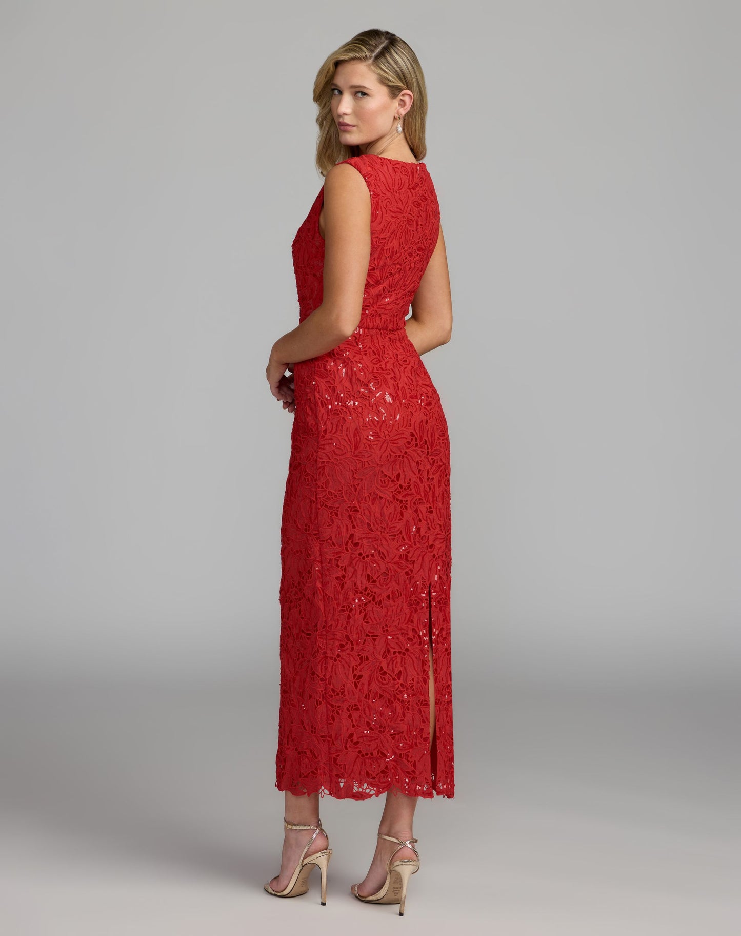 Red Sleeveless Embroidered Lace Midi Dress - Mac Duggal