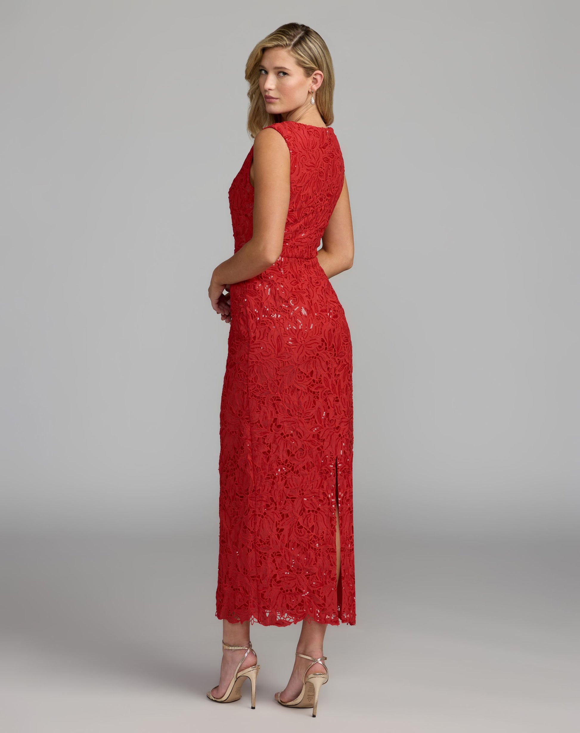Red Sleeveless Embroidered Lace Midi Dress - Mac Duggal