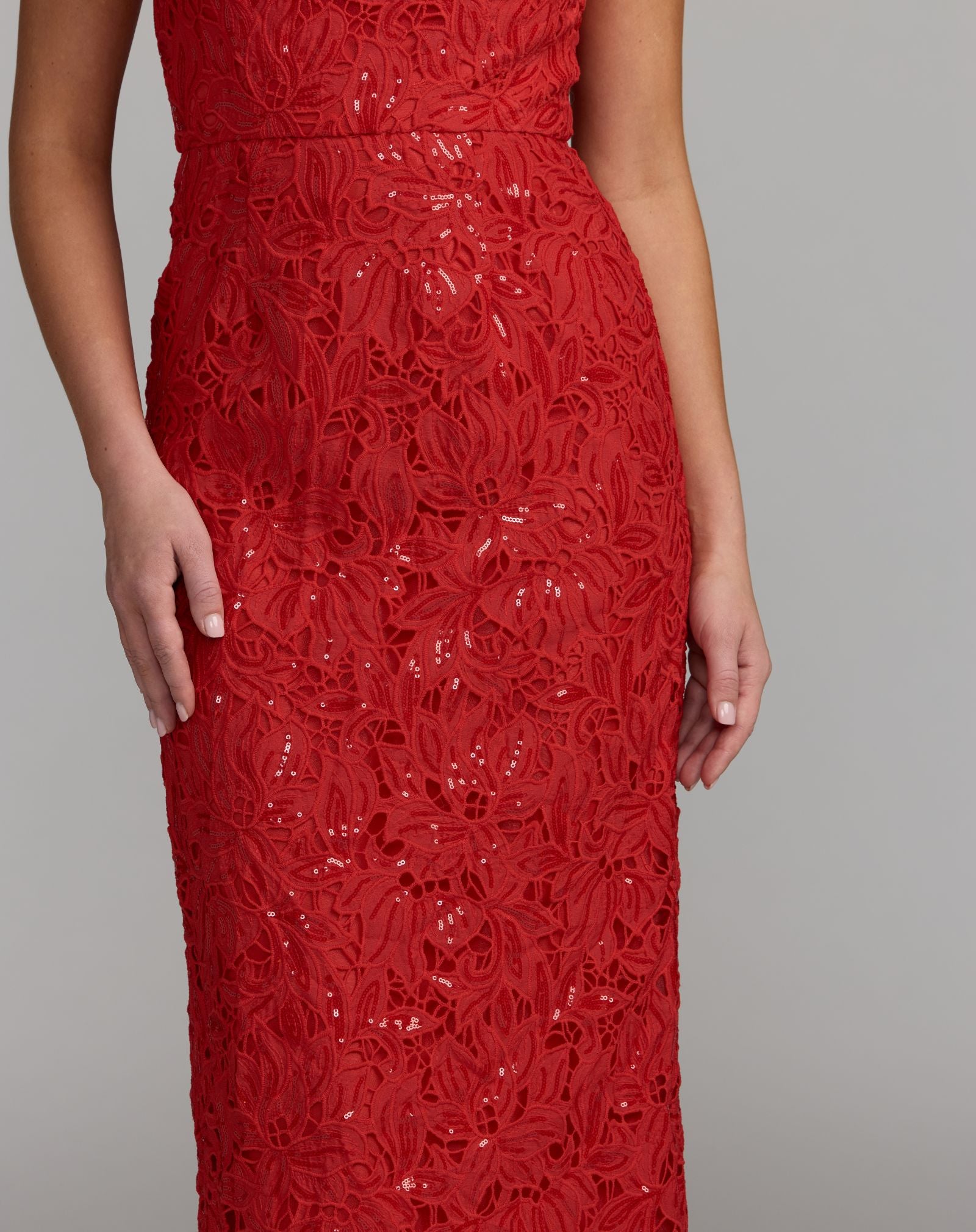 Red Sleeveless Embroidered Lace Midi Dress - Mac Duggal