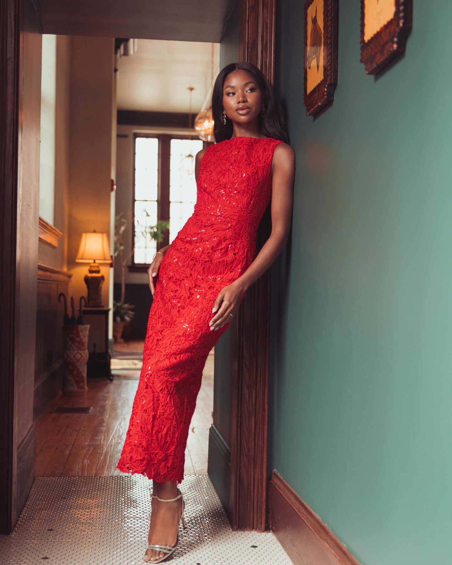Red Sleeveless Embroidered Lace Midi Dress - Mac Duggal