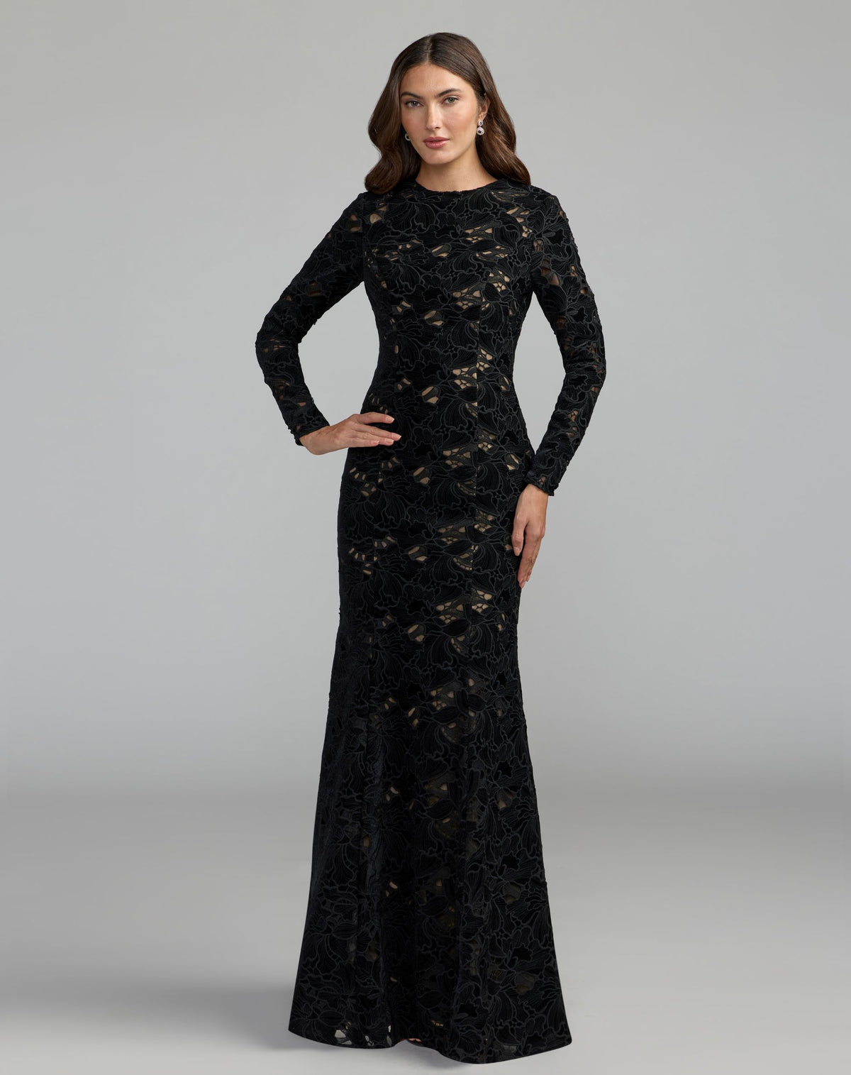 Black Nude Long Sleeve Open Back Embroidered Gown - Ieena for Mac Duggal 