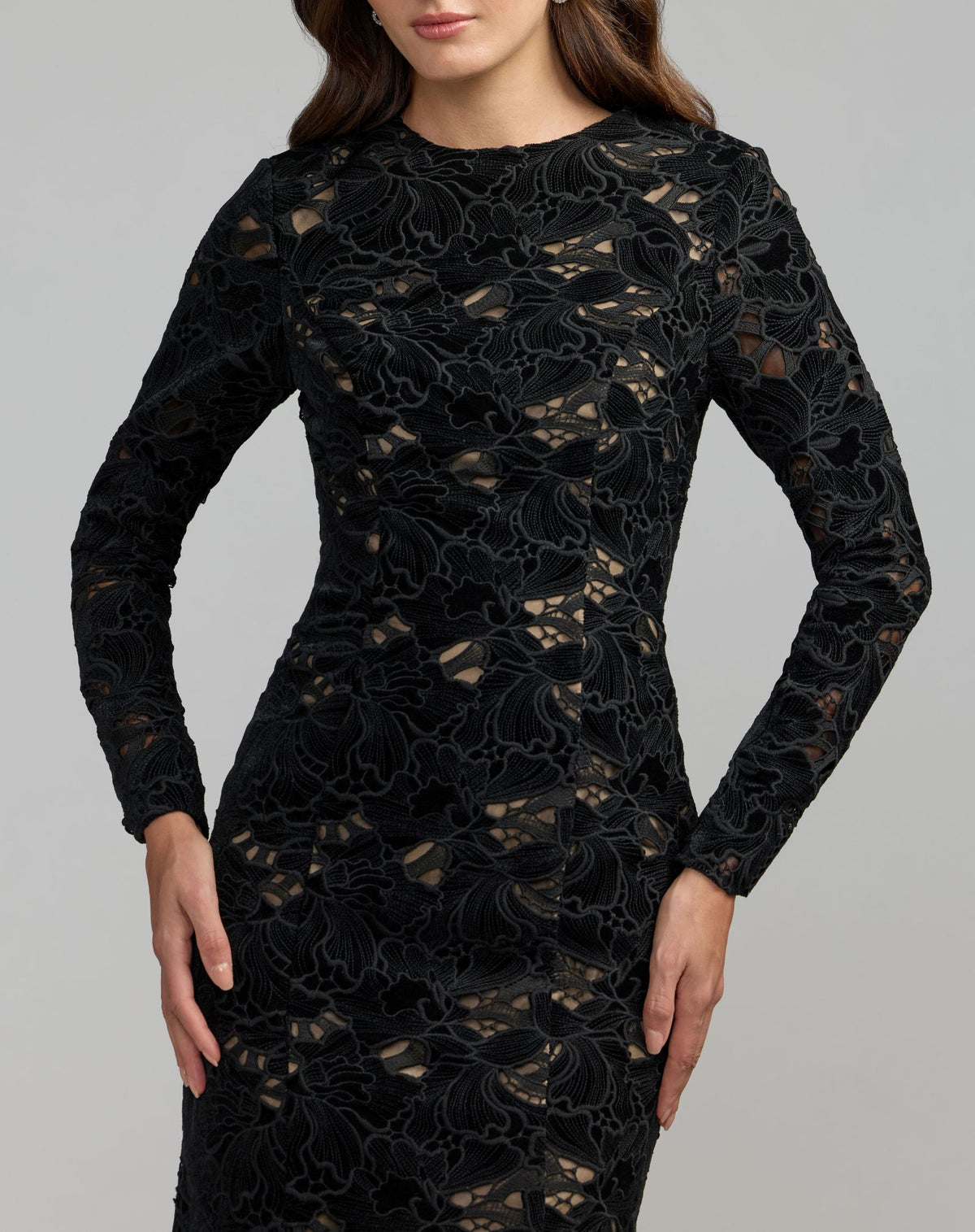 Black Nude Long Sleeve Open Back Embroidered Gown - Ieena for Mac Duggal 
