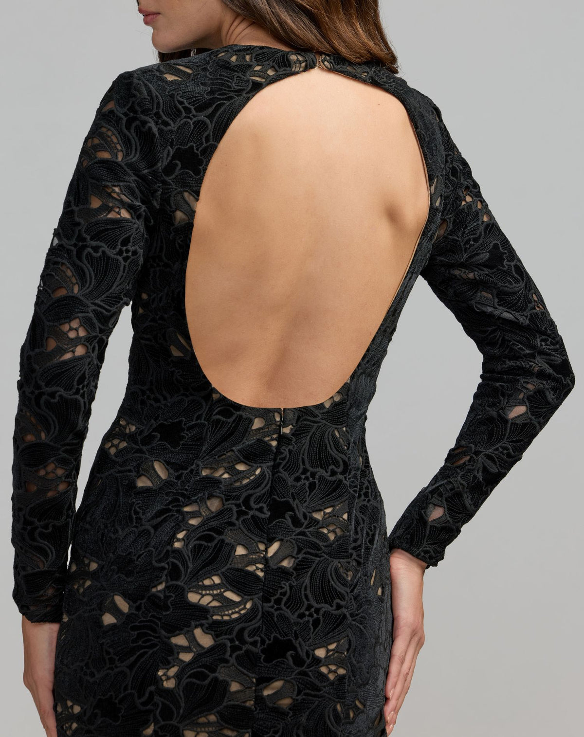 Black Nude Long Sleeve Open Back Embroidered Gown - Ieena for Mac Duggal 