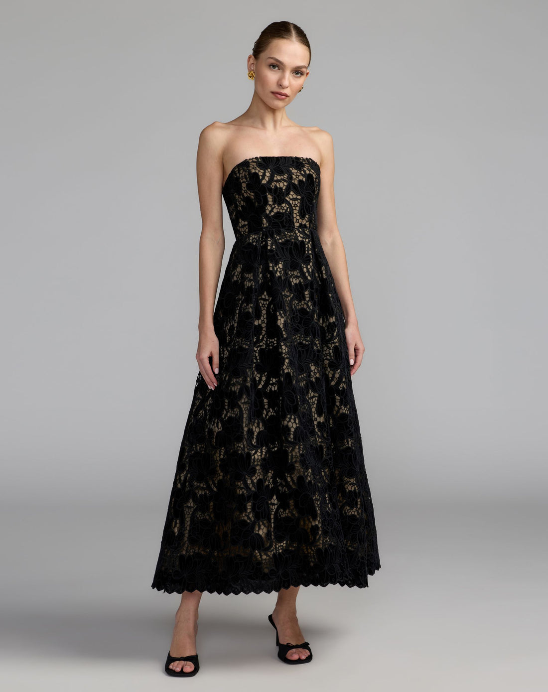 Black Nude Floral Lace Strapless A-Line Midi Dress - Ieena for Mac Duggal