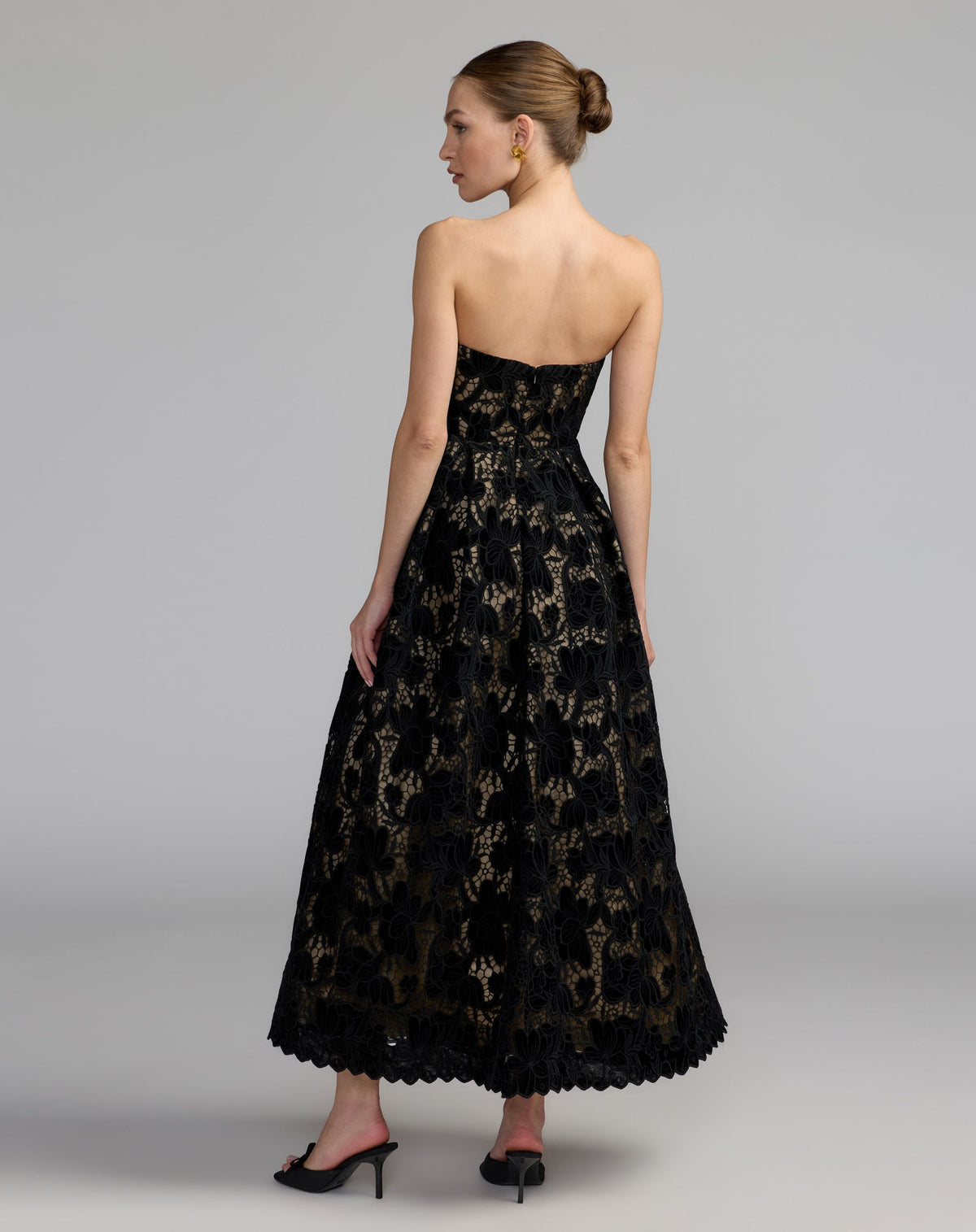Black Nude Floral Lace Strapless A-Line Midi Dress - Ieena for Mac Duggal