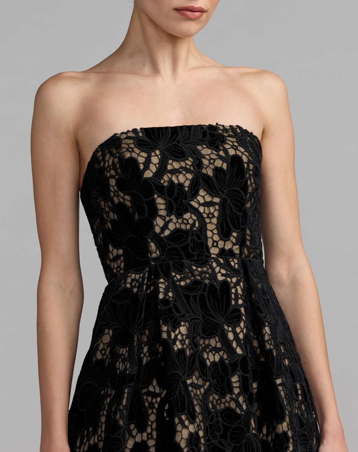 Black Nude Floral Lace Strapless A-Line Midi Dress - Ieena for Mac Duggal