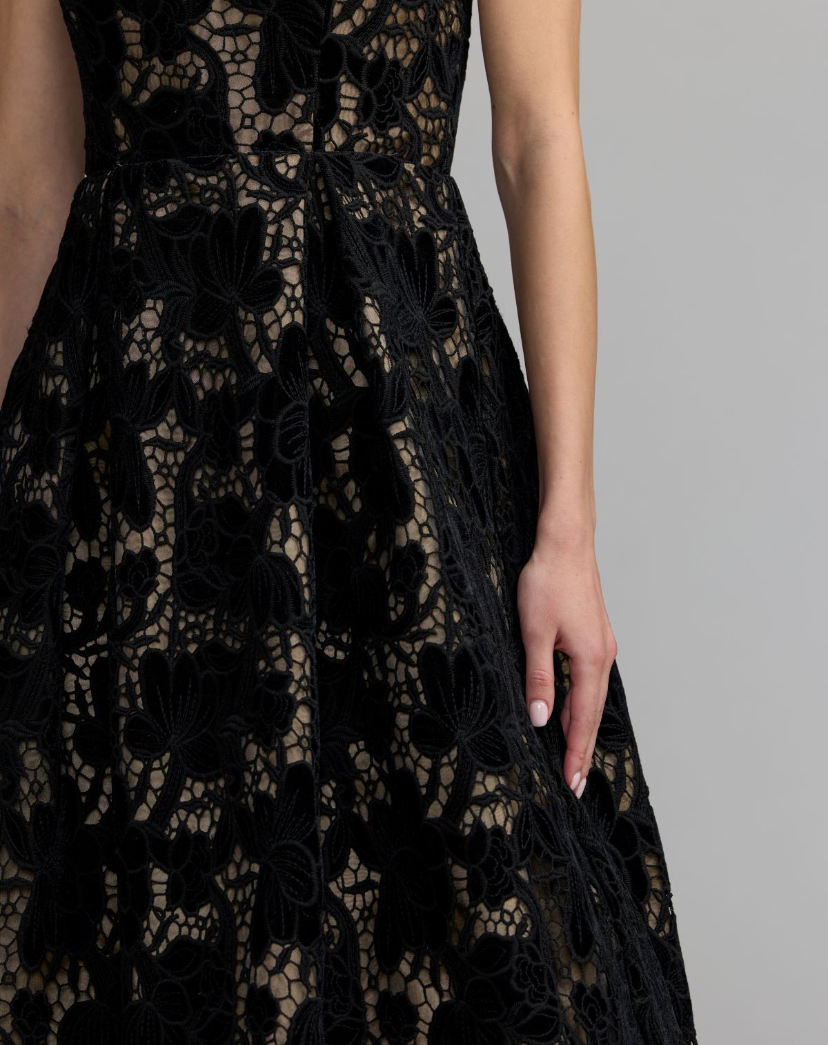 Black Nude Floral Lace Strapless A-Line Midi Dress - Ieena for Mac Duggal
