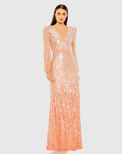 V Neck Empire Waist Puff Shoulder Sequin Embellished Gown