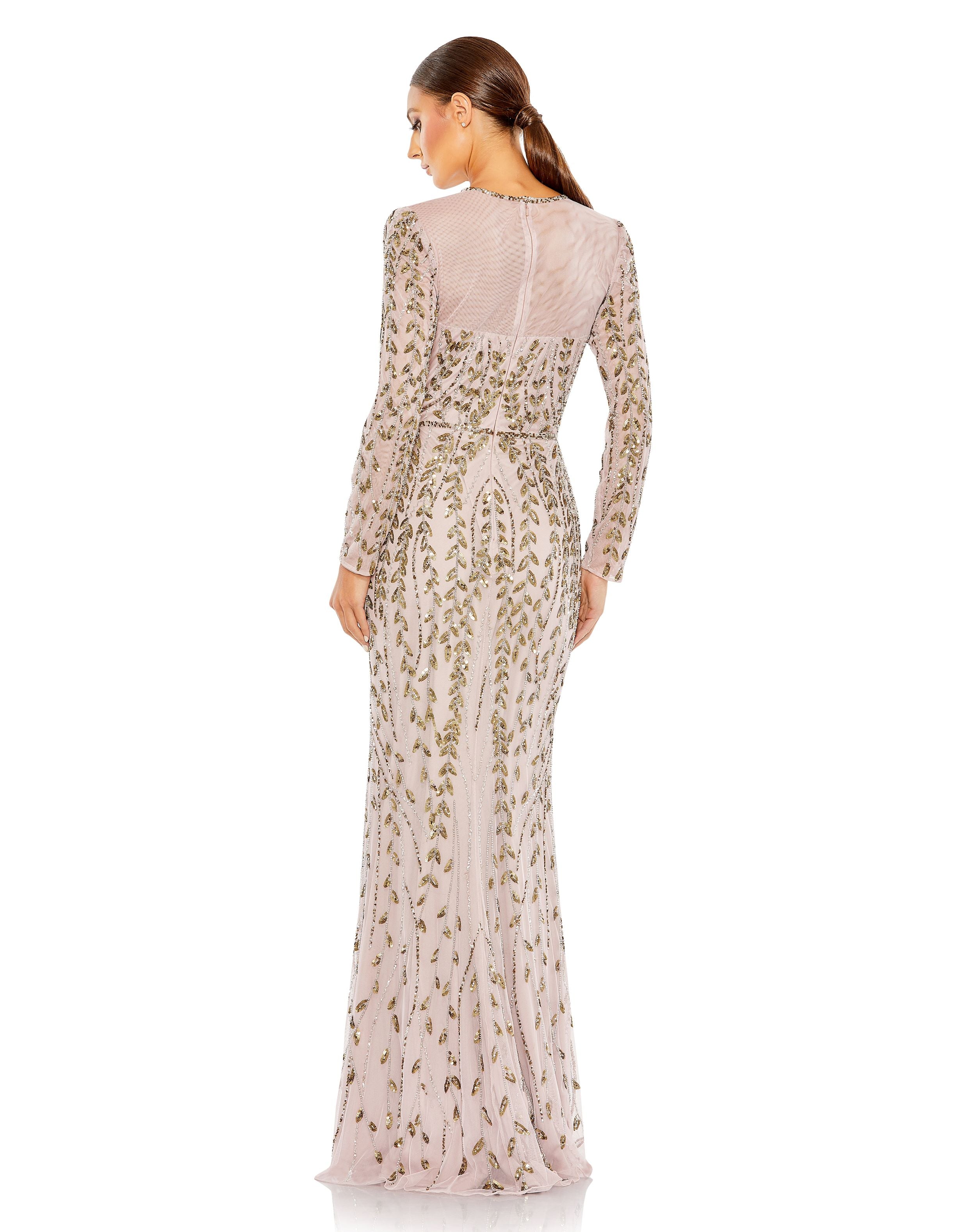 Hand-beaded Illusion Column Gown With Bell Sleeves Rose Gold