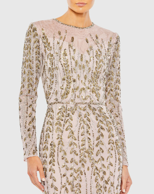 Embellished Illusion High Neck Long Sleeve Gown