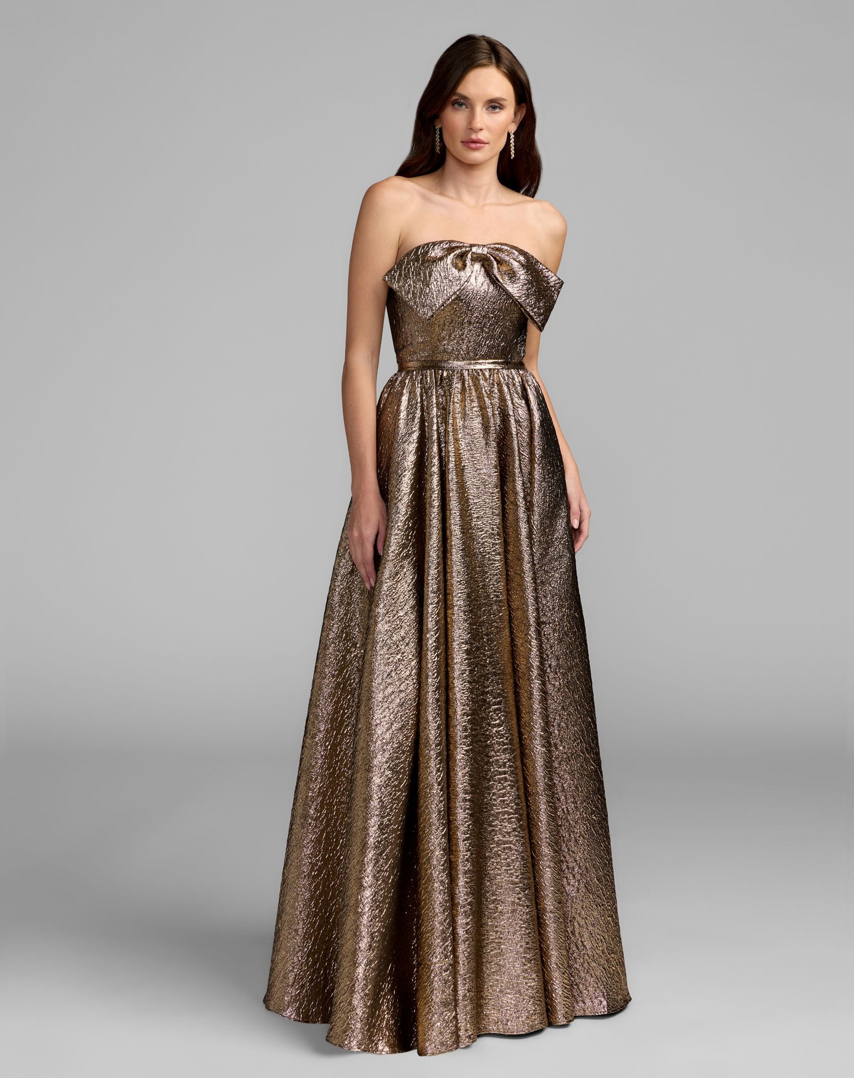 Gold Strapless Metallic Gown With Bow Detail - Mac Duggal