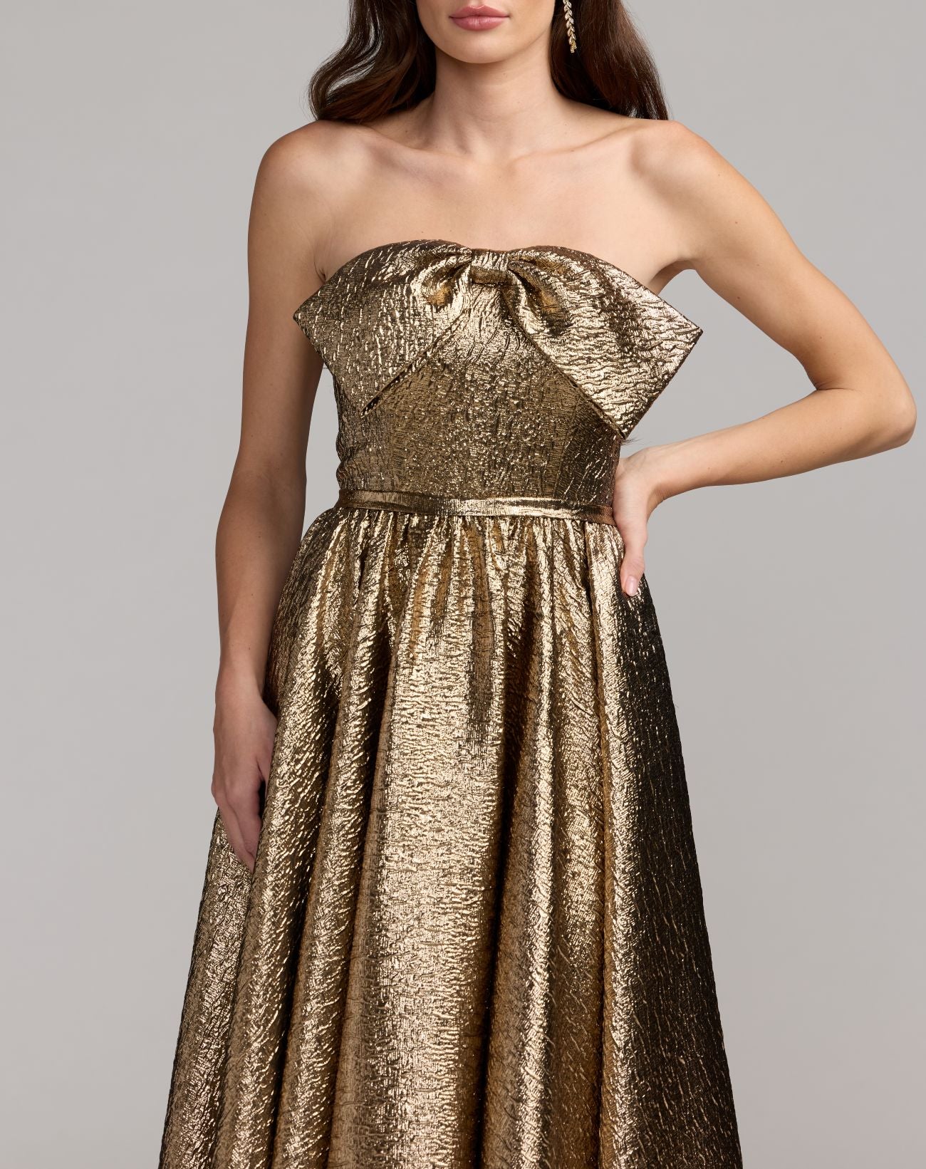 Gold Strapless Metallic Gown With Bow Detail - Mac Duggal