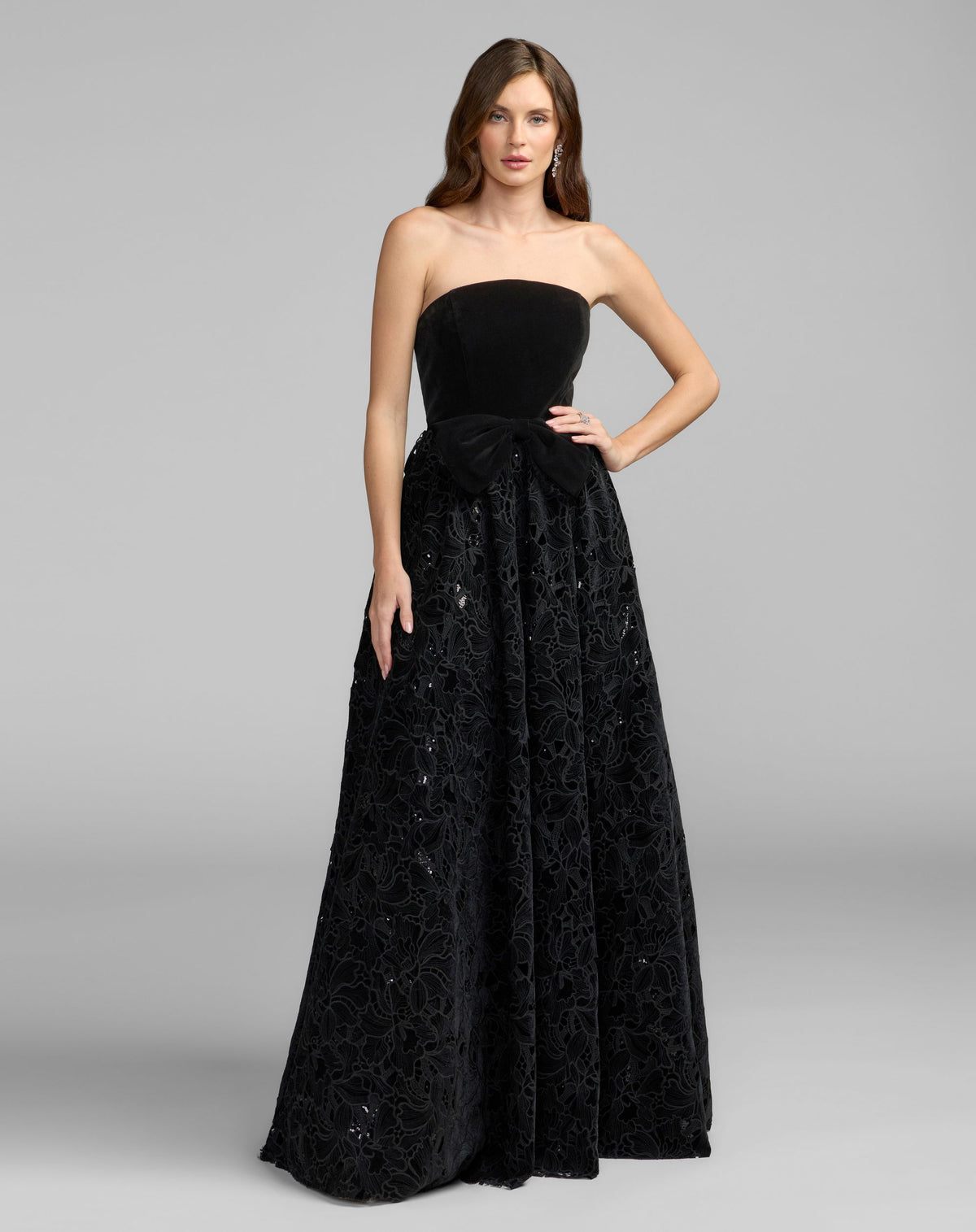 Black Strapless Embroidered Velvet Gown With Bow - Ieena for Mac Duggal