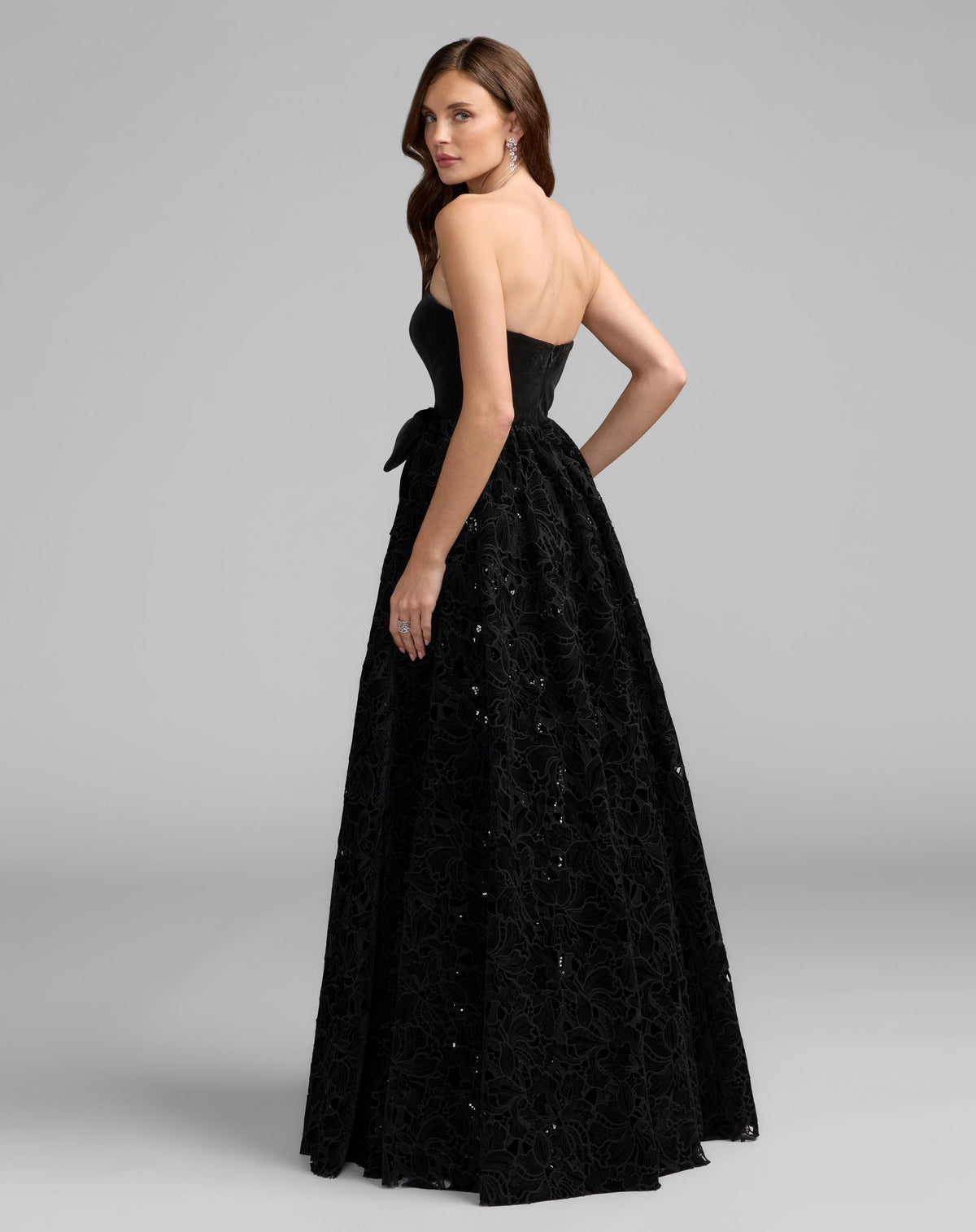 Black Strapless Embroidered Velvet Gown With Bow - Ieena for Mac Duggal