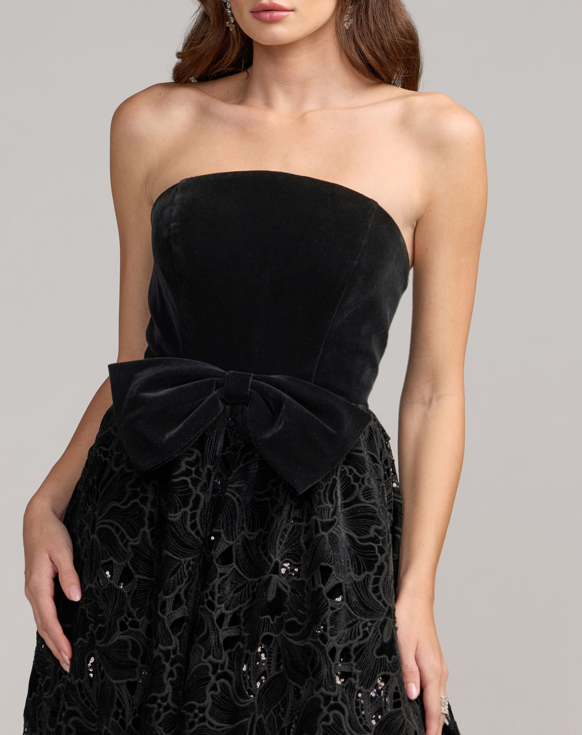 Black Strapless Embroidered Velvet Gown With Bow - Ieena for Mac Duggal