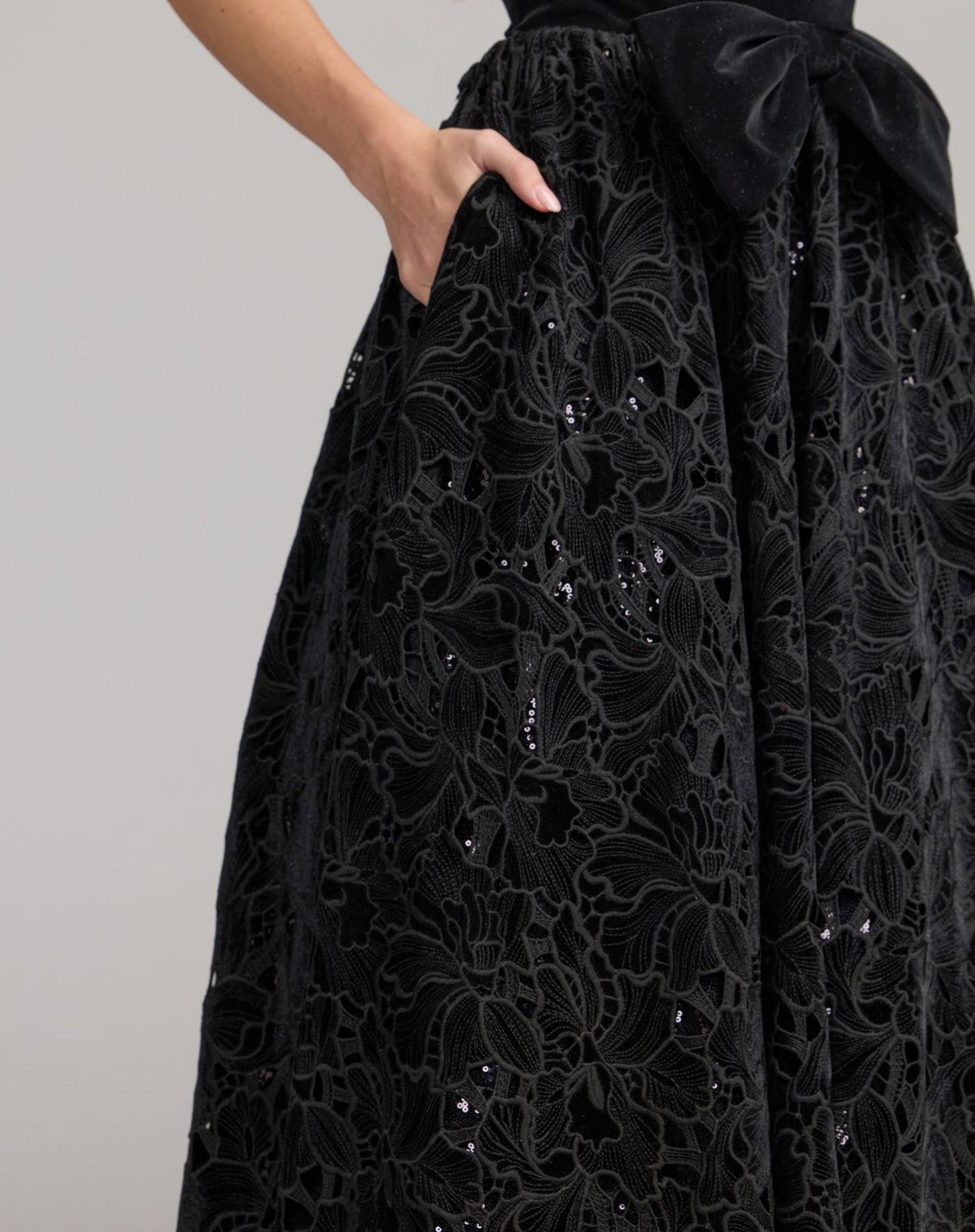 Black Strapless Embroidered Velvet Gown With Bow - Ieena for Mac Duggal