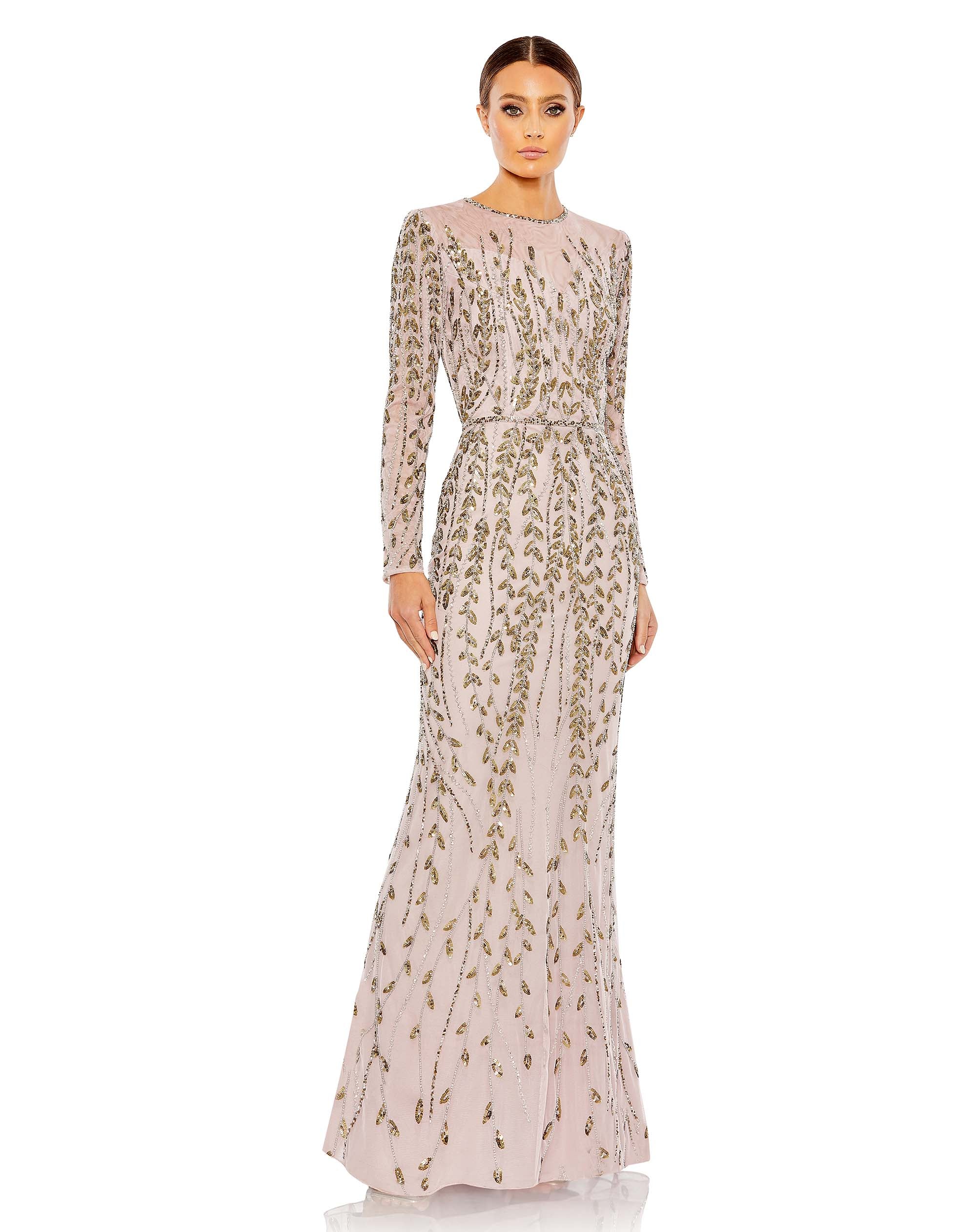 Embellished Illusion High Neck Long Sleeve Gown