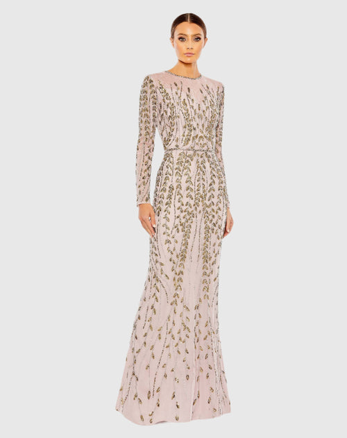 Embellished Illusion High Neck Long Sleeve Gown