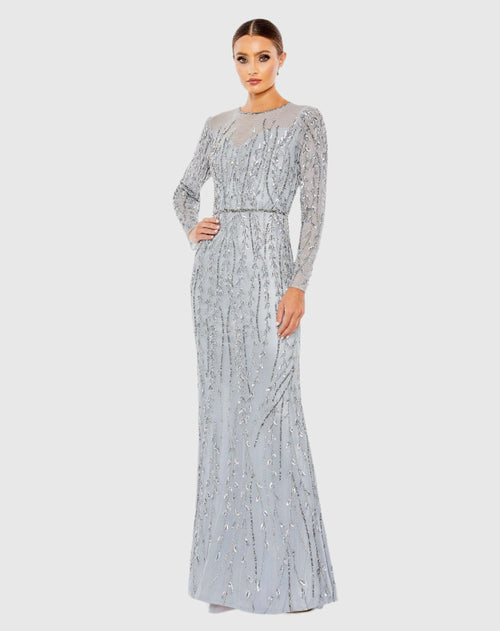 Embellished Illusion High Neck Long Sleeve Gown 