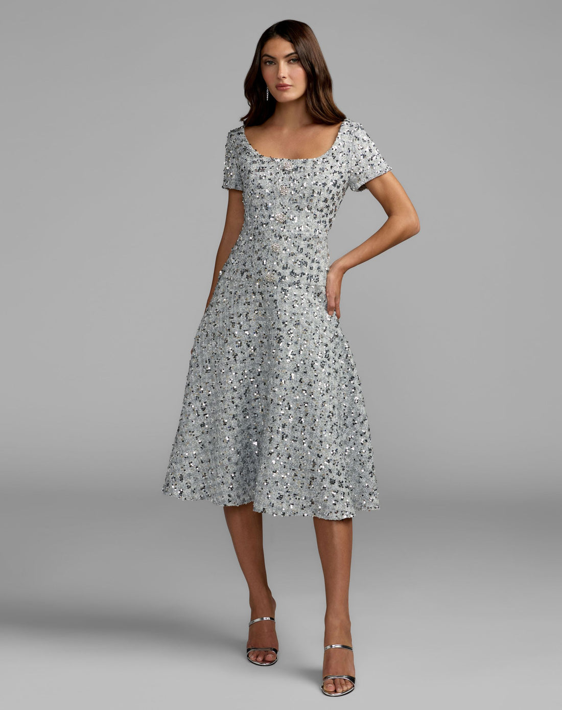 Platinum Sequin Button Up Boucle Midi Dress - Mac Duggal