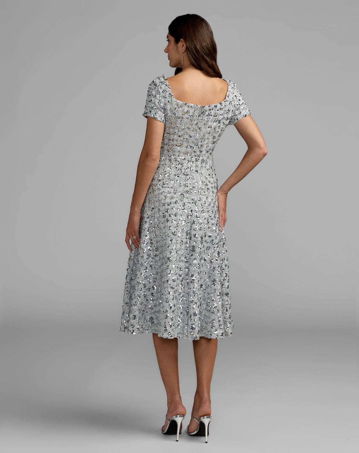 Platinum Sequin Button Up Boucle Midi Dress - Mac Duggal